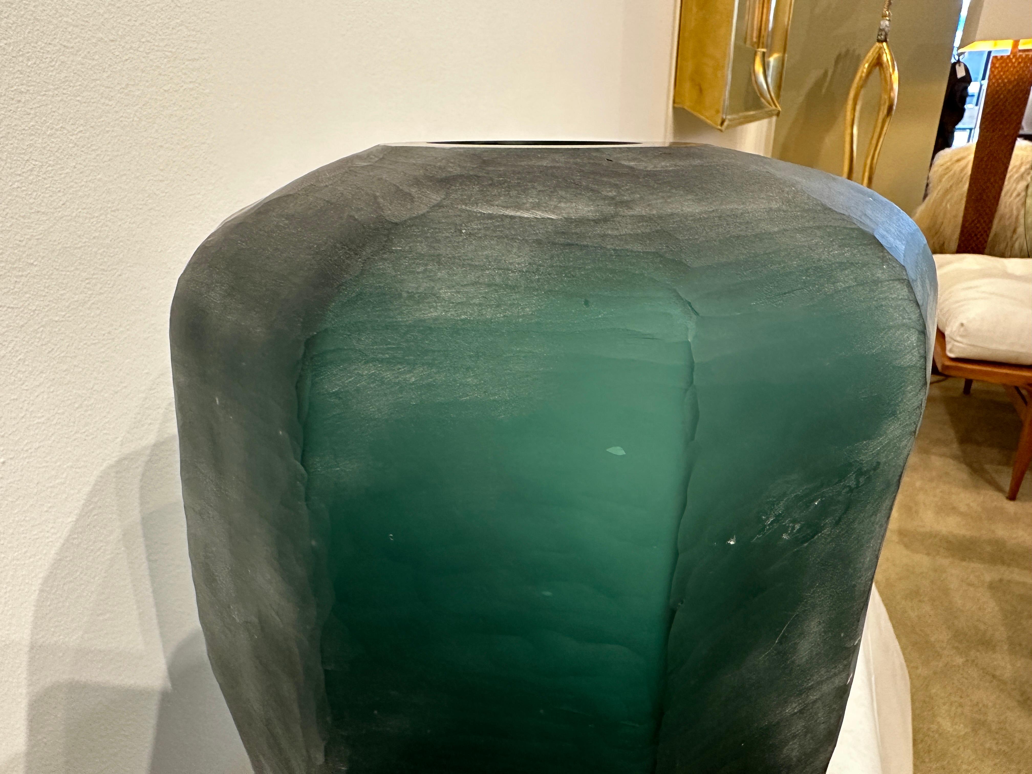 Italian Emerald Green Faceted Murano Glass Vase For Sale