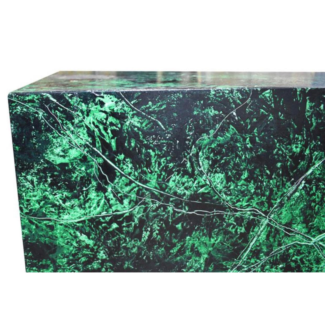 Hollywood Regency Emerald Green Faux Malachite Finish Low Wood Square Coffee or Cocktail Table