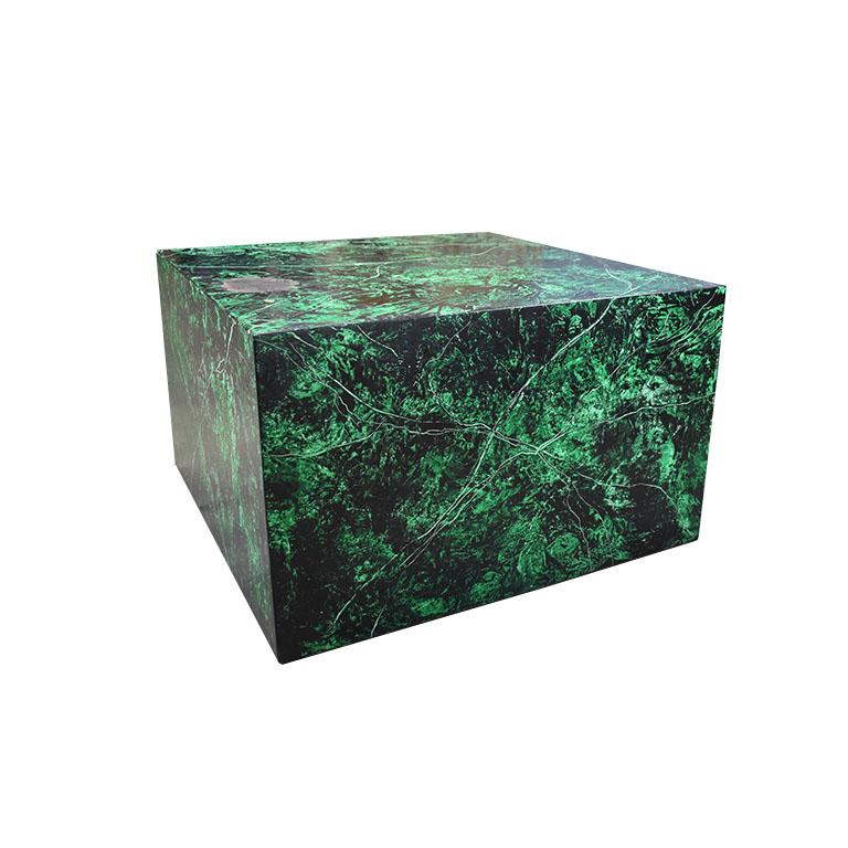 Hollywood Regency Emerald Green Faux Malachite Finish Low Wood Square Coffee or Cocktail Table