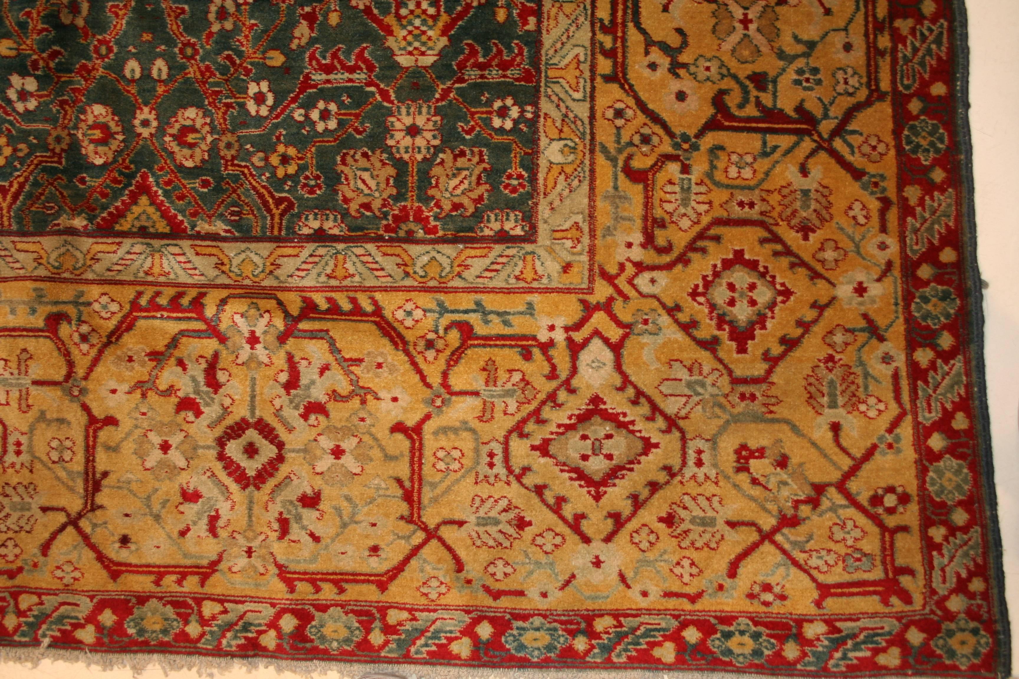 Emerald Green Fine Antique Indian Agra Rug For Sale 5