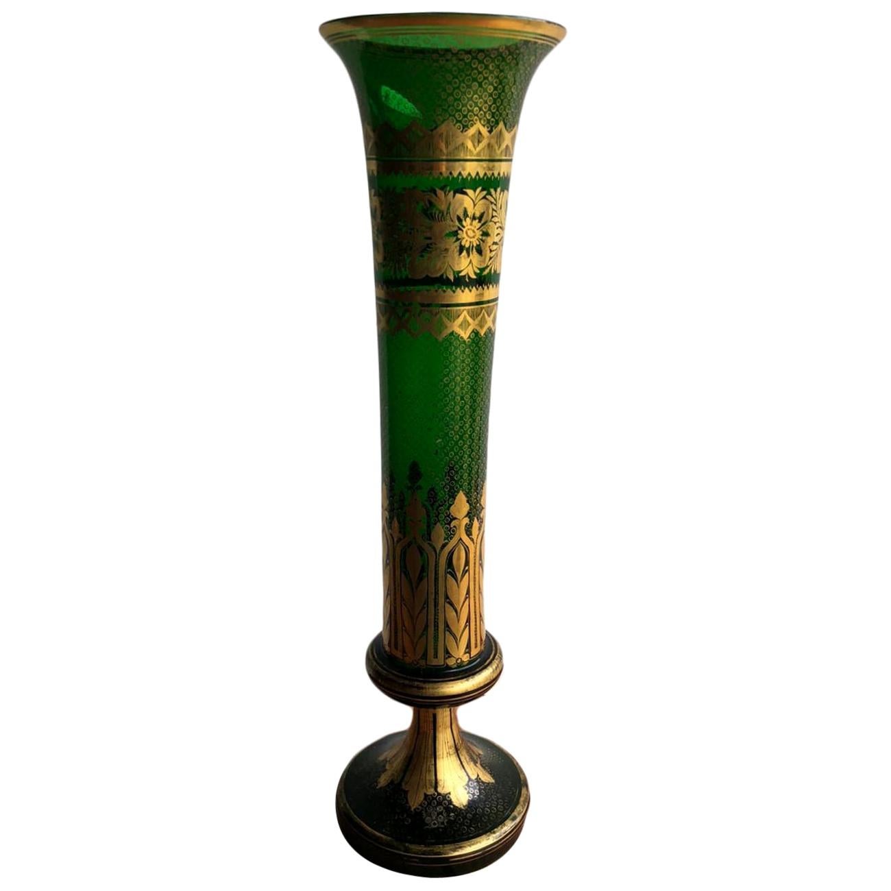 Emerald Green & Heavy Gilt Moser Tulip Crystal Centrepiece Vase 19th Century For Sale
