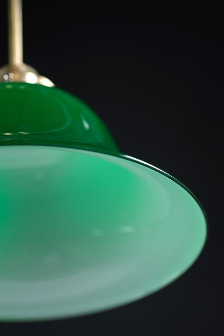 Modern Emerald Green Glass Pendant Light Brass Pole Fitter Rewired For Sale