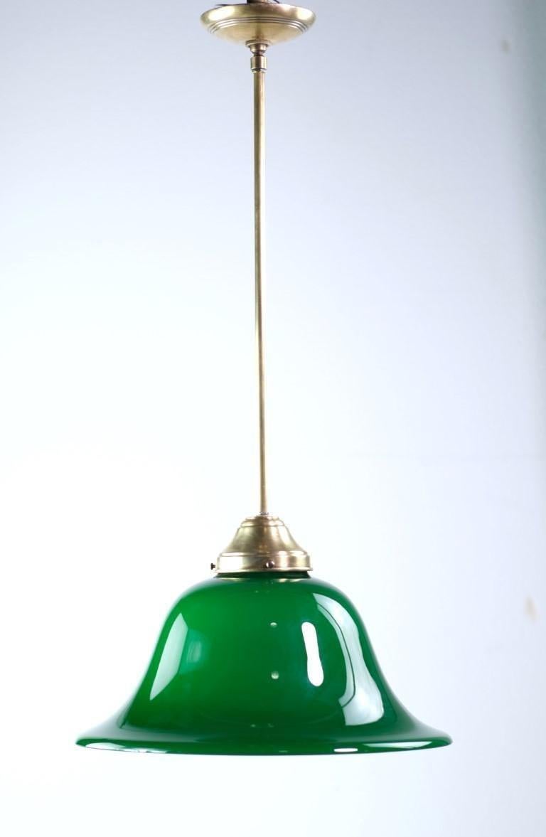 Emerald Green Glass Pendant Light Brass Pole Fitter Rewired In Good Condition For Sale In New York, NY