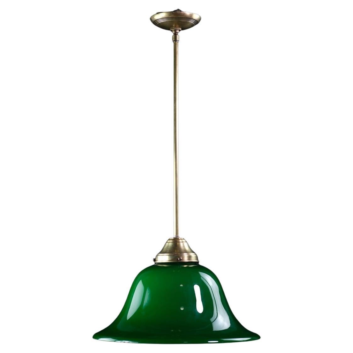 Emerald Green Glass Pendant Light Brass Pole Fitter Rewired For Sale