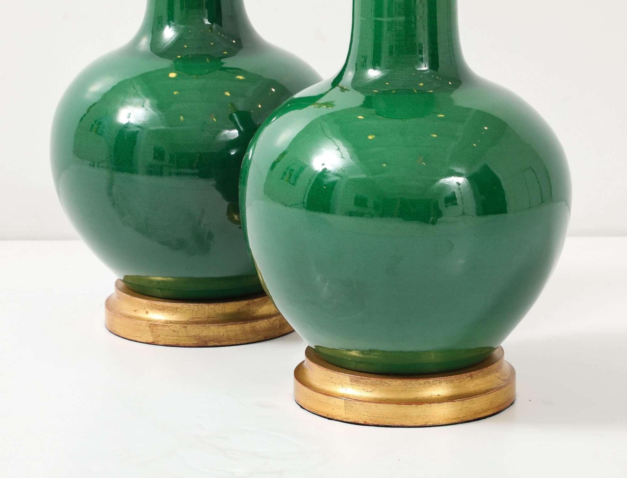 Emerald-Green Glazed Gourd Lamps In Excellent Condition For Sale In New York, NY