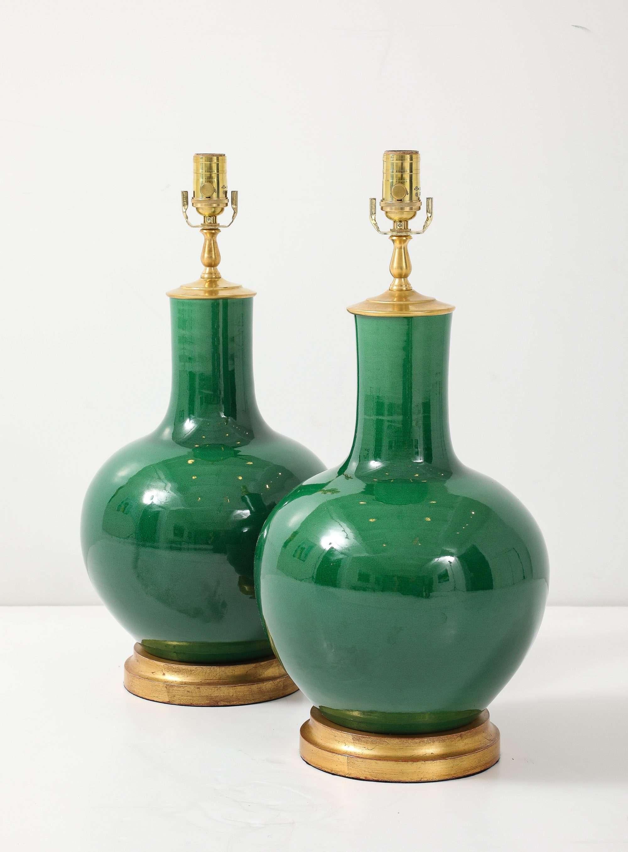 Ceramic Emerald-Green Glazed Gourd Lamps For Sale