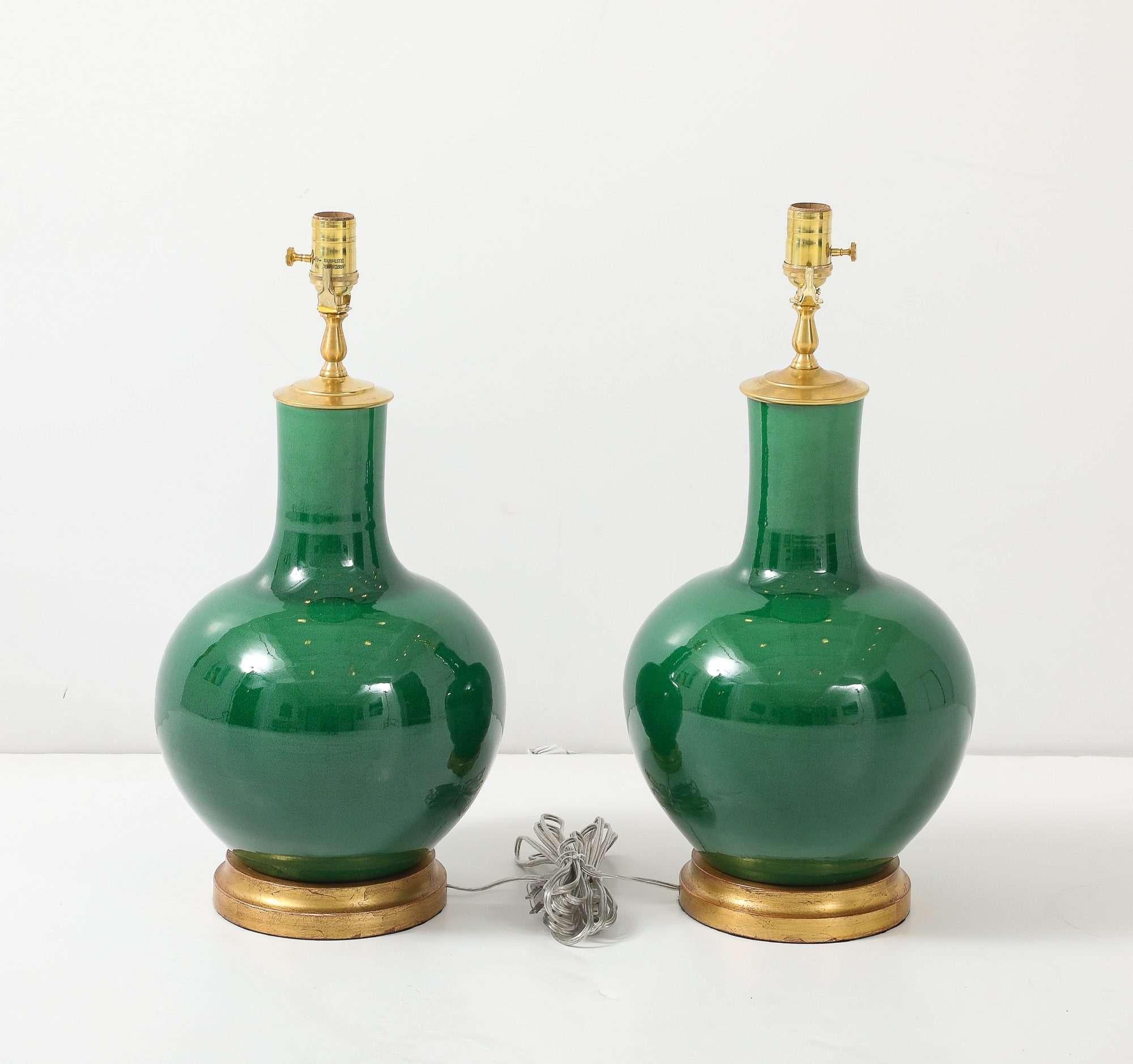 Emerald-Green Glazed Gourd Lamps For Sale 1