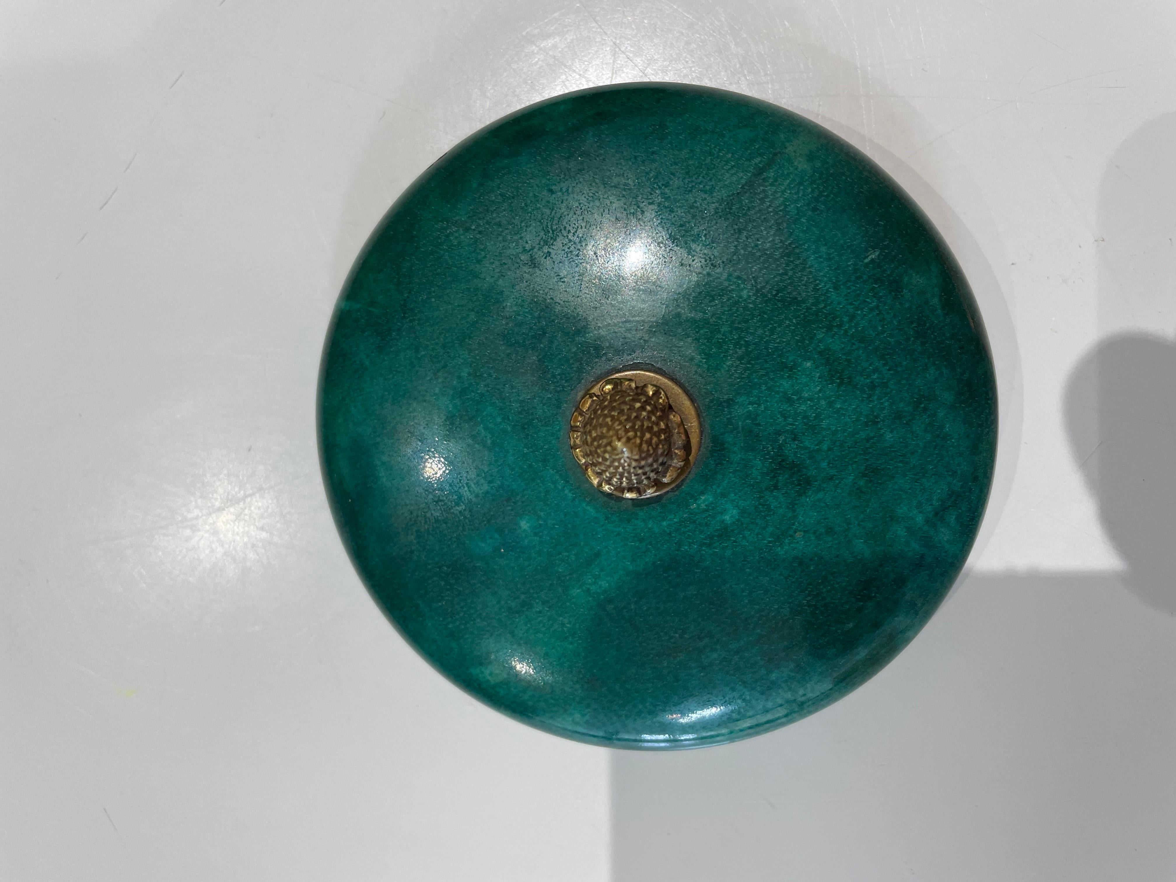 European Emerald Green Goat Skin Covered Wooden Cylinder Box in the Style of Aldo Tura For Sale