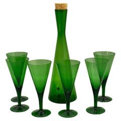 Vintage Emerald Green Holmegaard Danish Decanter and Fluted Glasses