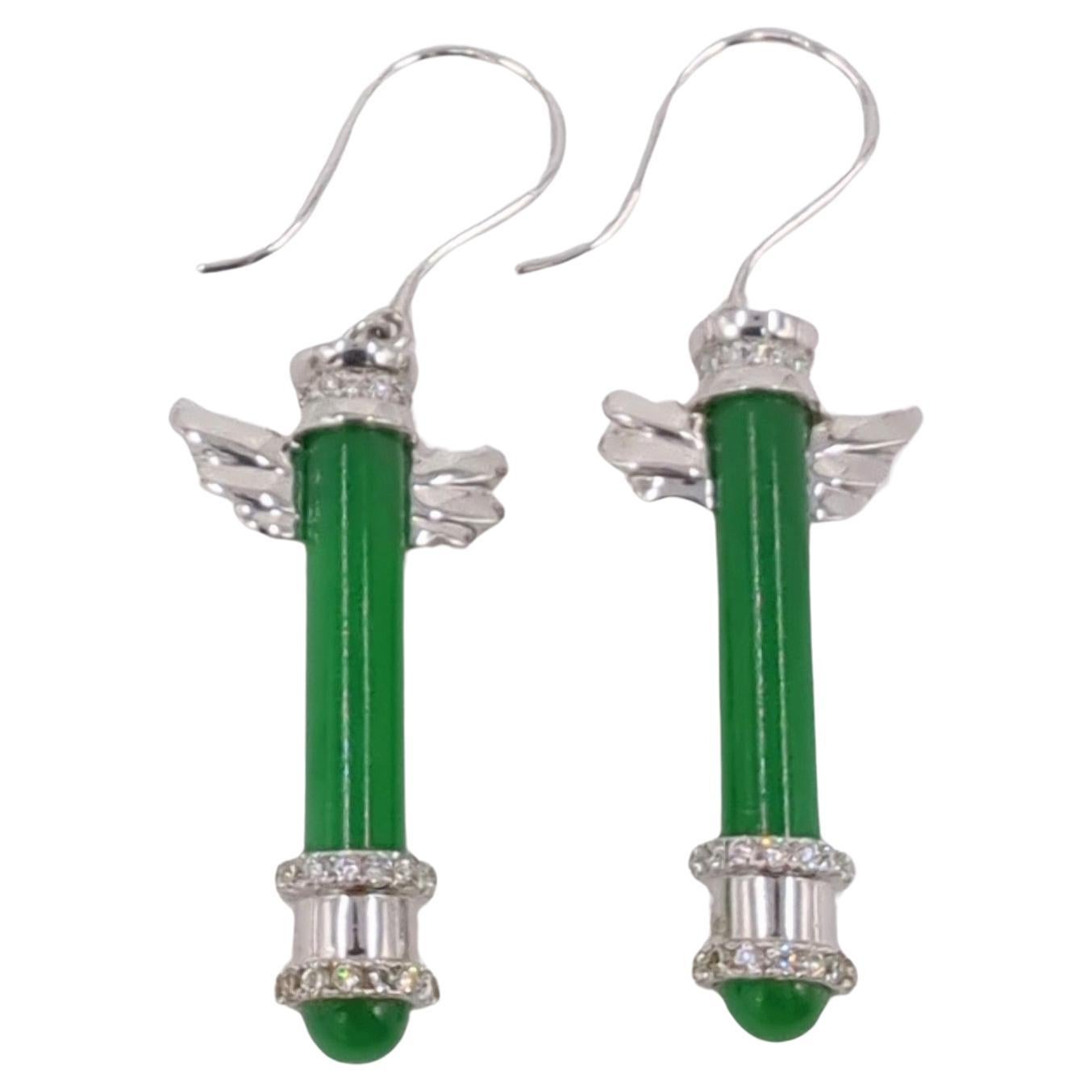 Artisan 18K WG Emerald Green Jadeite Diamond Earrings A-Grade GIA Gemologist Appraisal For Sale