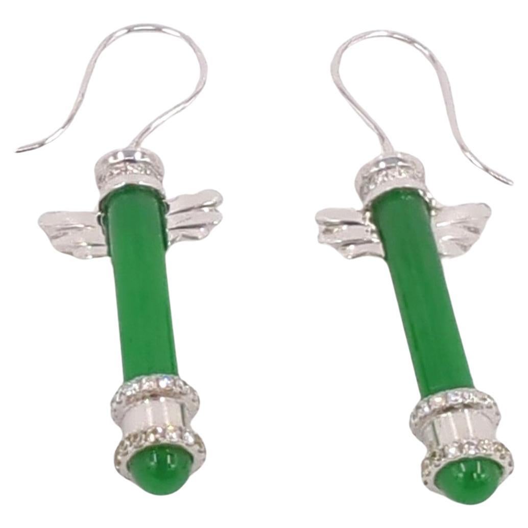 Cabochon 18K WG Emerald Green Jadeite Diamond Earrings A-Grade GIA Gemologist Appraisal For Sale