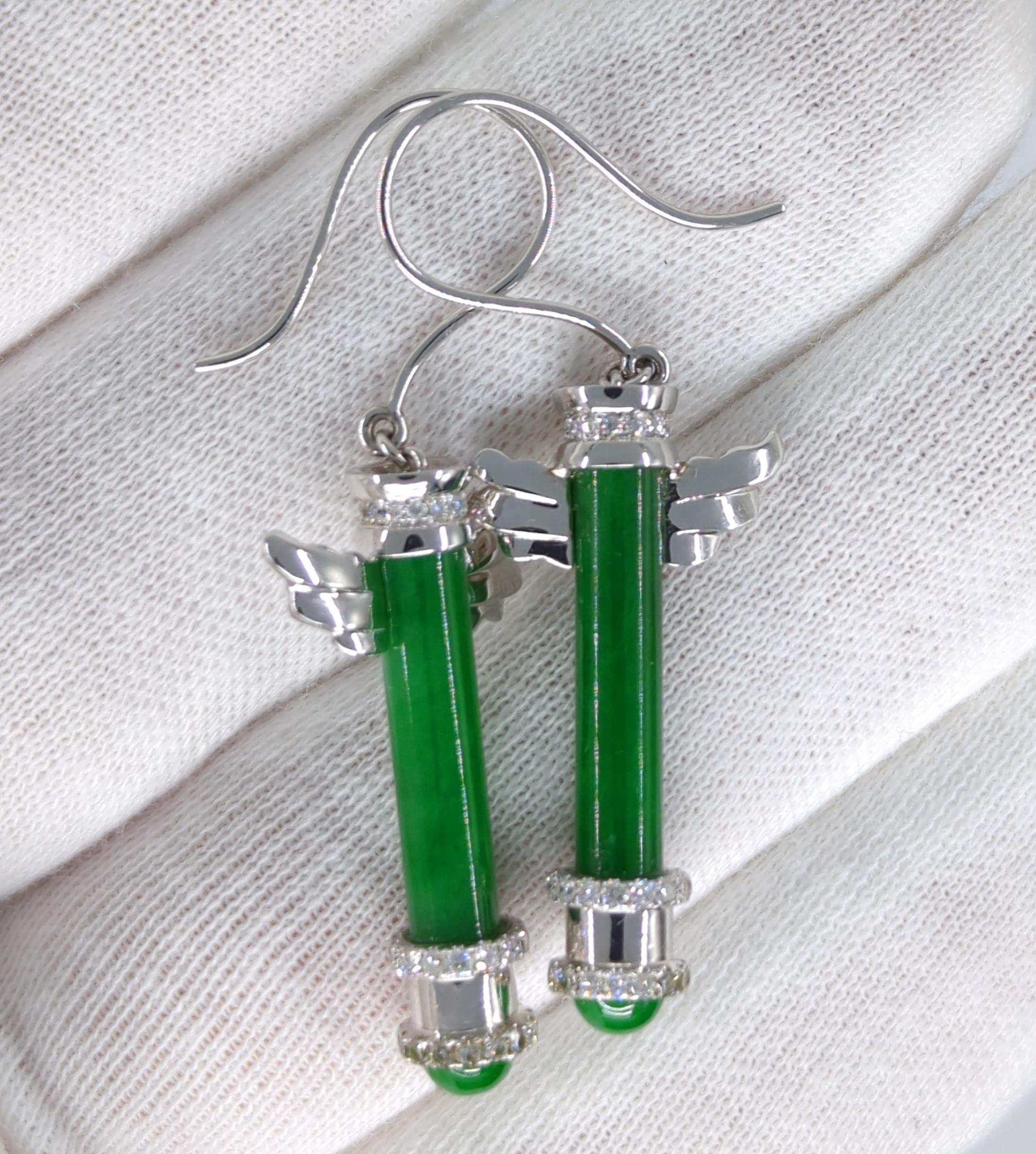 Women's 18K WG Emerald Green Jadeite Diamond Earrings A-Grade GIA Gemologist Appraisal For Sale