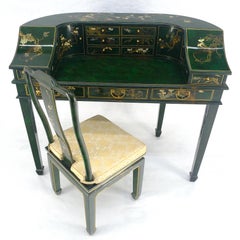 Emerald Green Lacquer Chinoiserie Desk Writing Table Console & Chair MINT