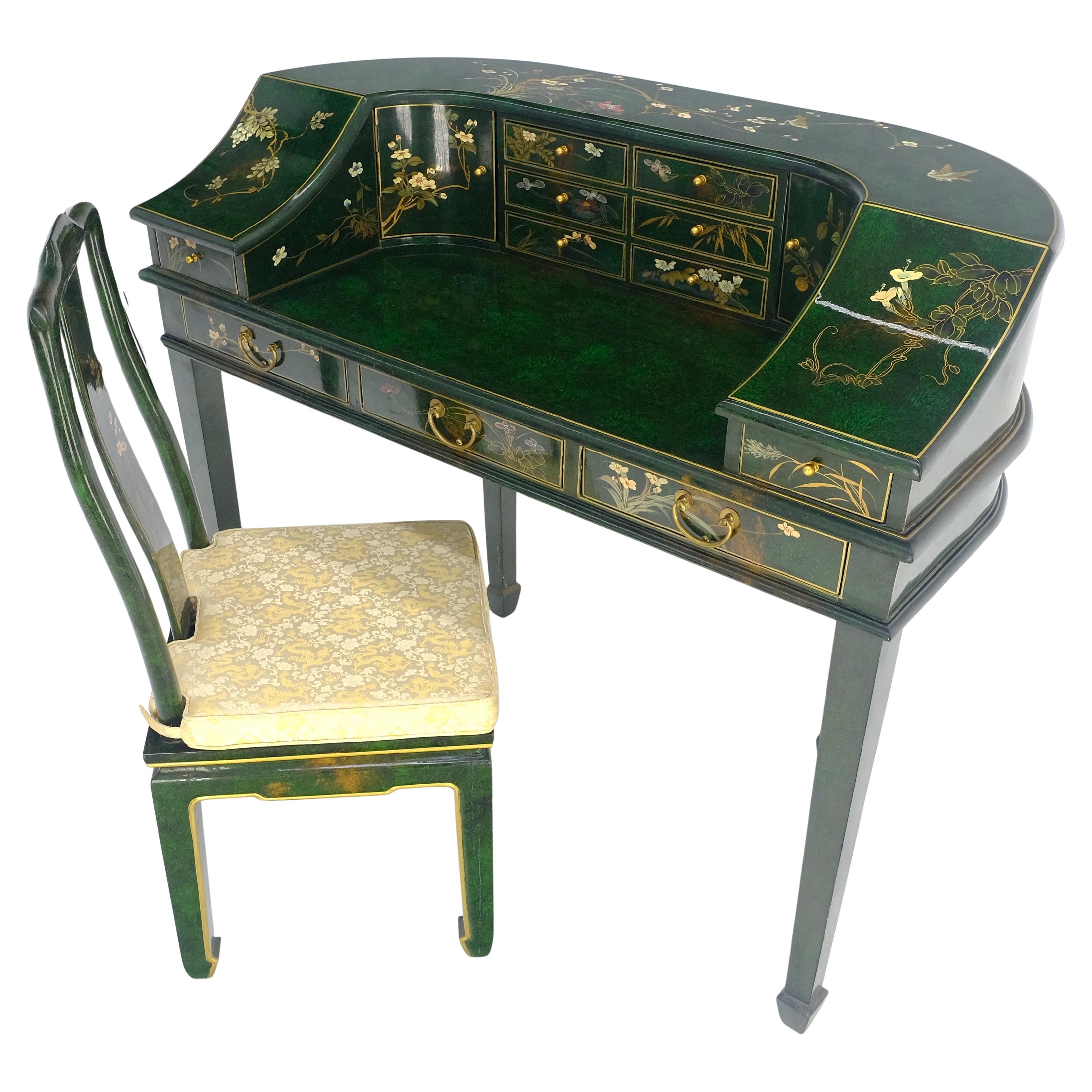Emerald Green Lacquer Chinoiserie Desk Writing Table Console 
Chair MINT For Sale