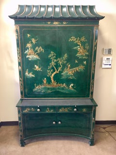 Emerald Green Lacquer Hand Painted Chinoiserie Secretary Desk China Cabinet
