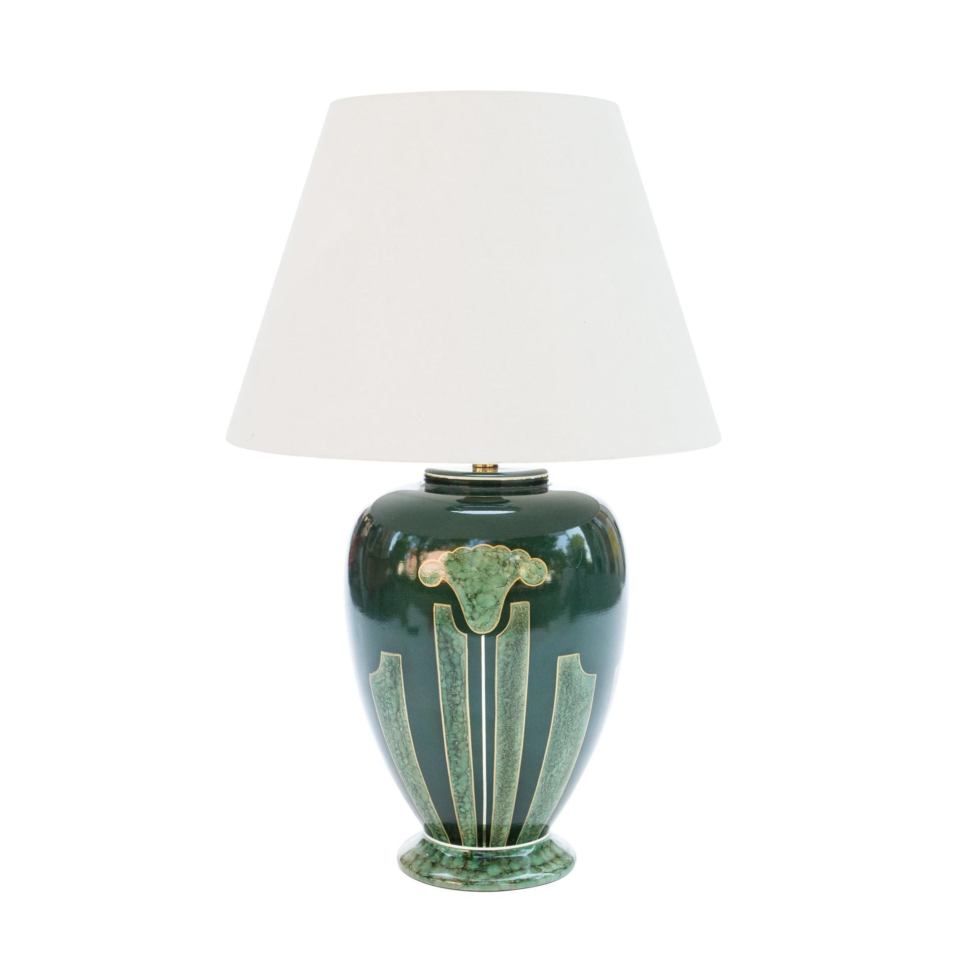 Emerald Green Large Ceramic Table Lamp, Signed L. Drimmer