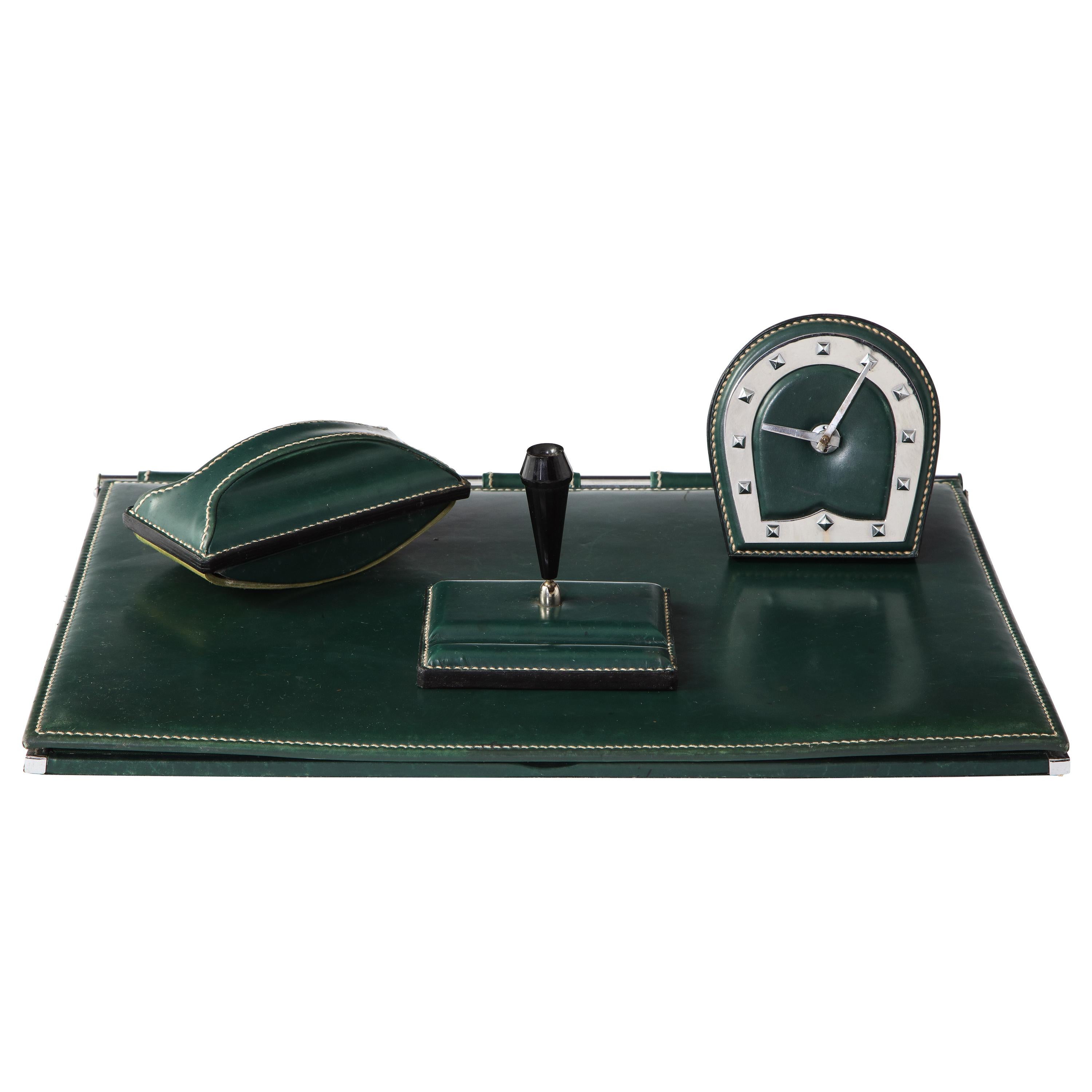 Emerald Green Leather Desk Set by Jacques Adnet, France, 1950s