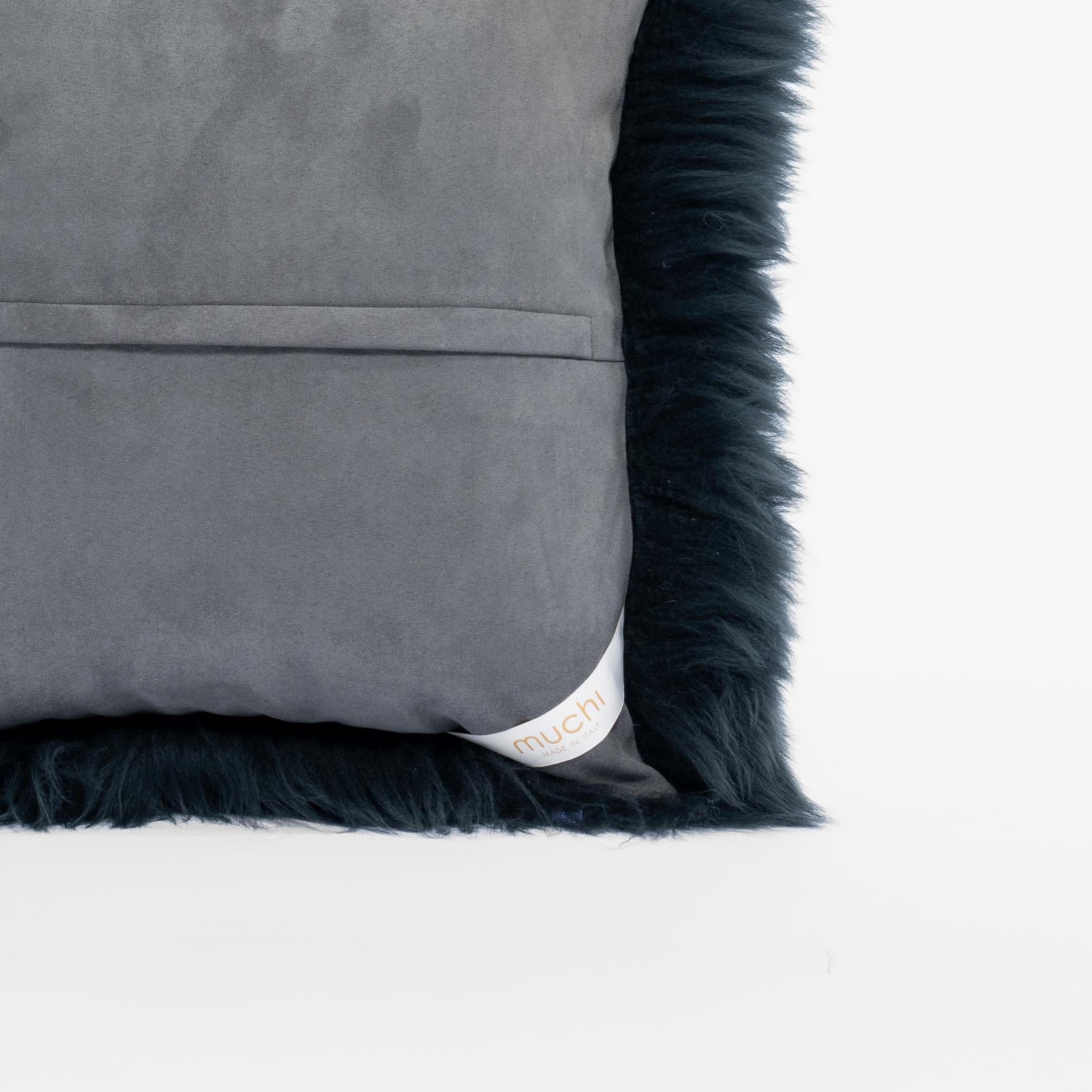 Hand-Crafted Shearling Sheepskin Dark Green Cushion by Muchi Decor, Made in Italy For Sale