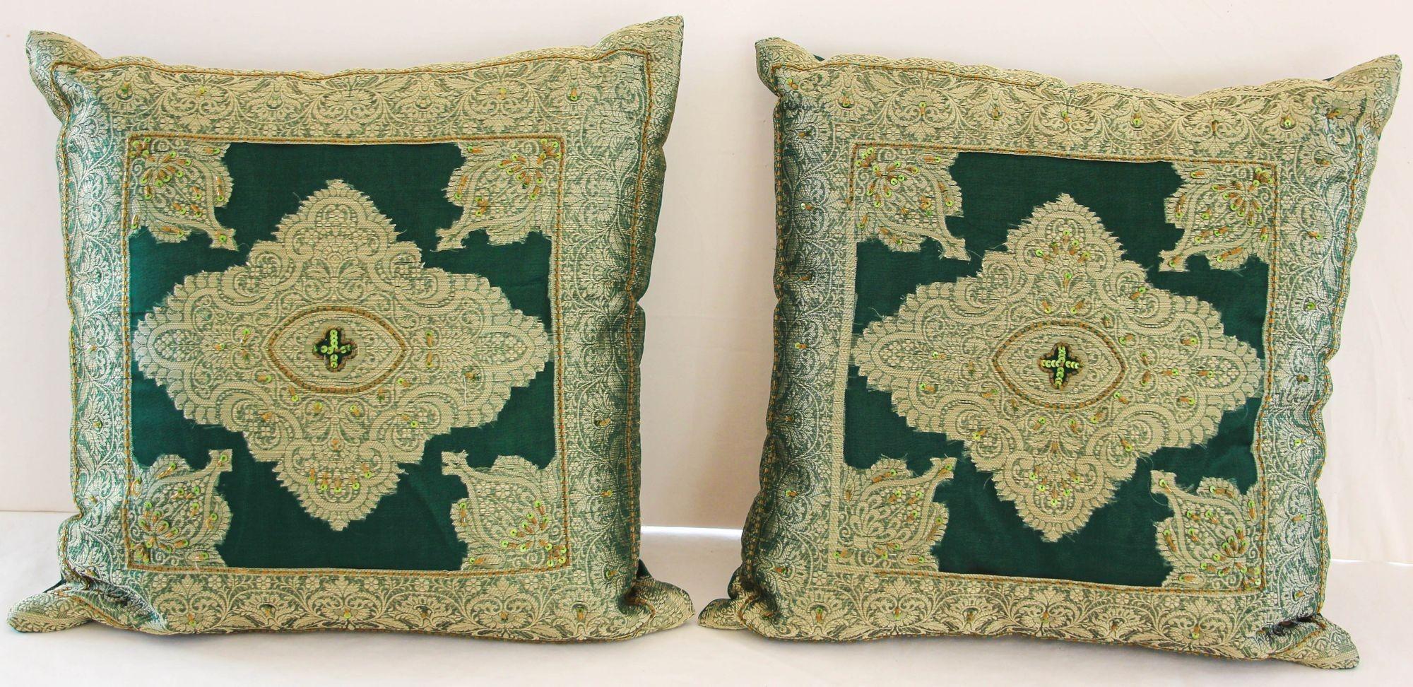 Emerald Green Moorish Throw Pillows Embellished with Sequins and Beads a Pair For Sale 6