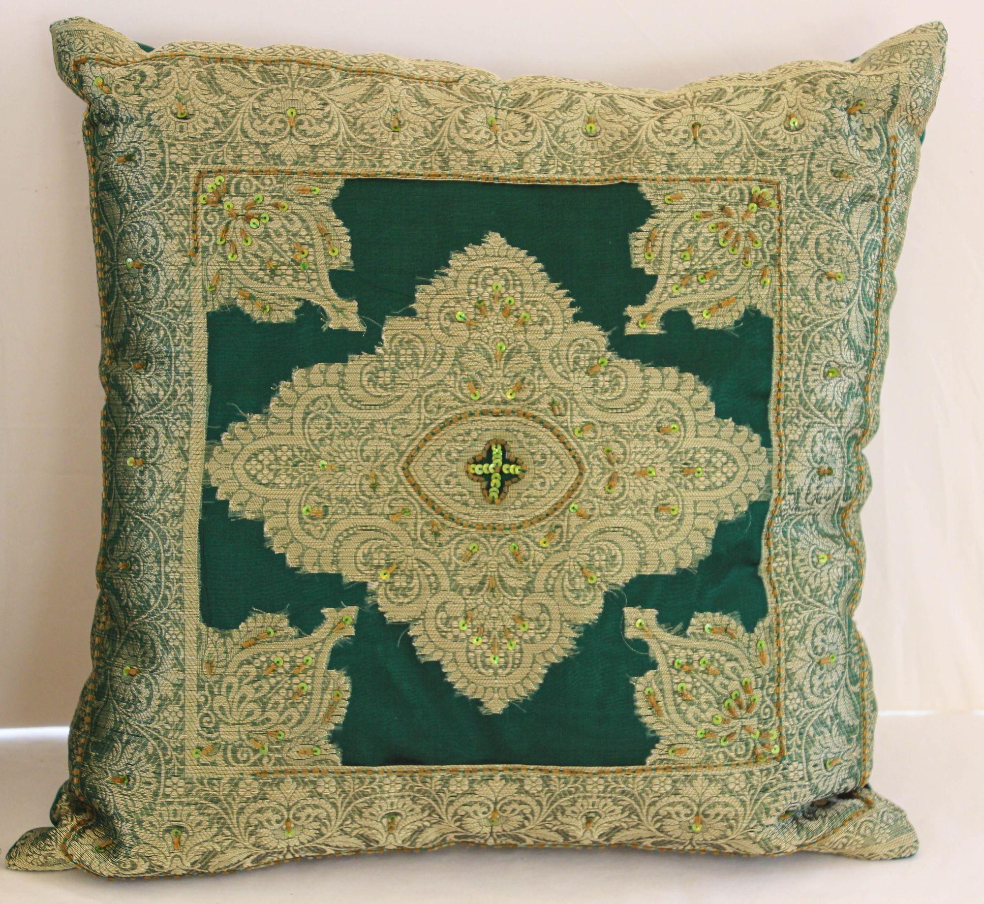 Emerald Green Moorish Throw Pillows Embellished with Sequins and Beads a Pair For Sale 7