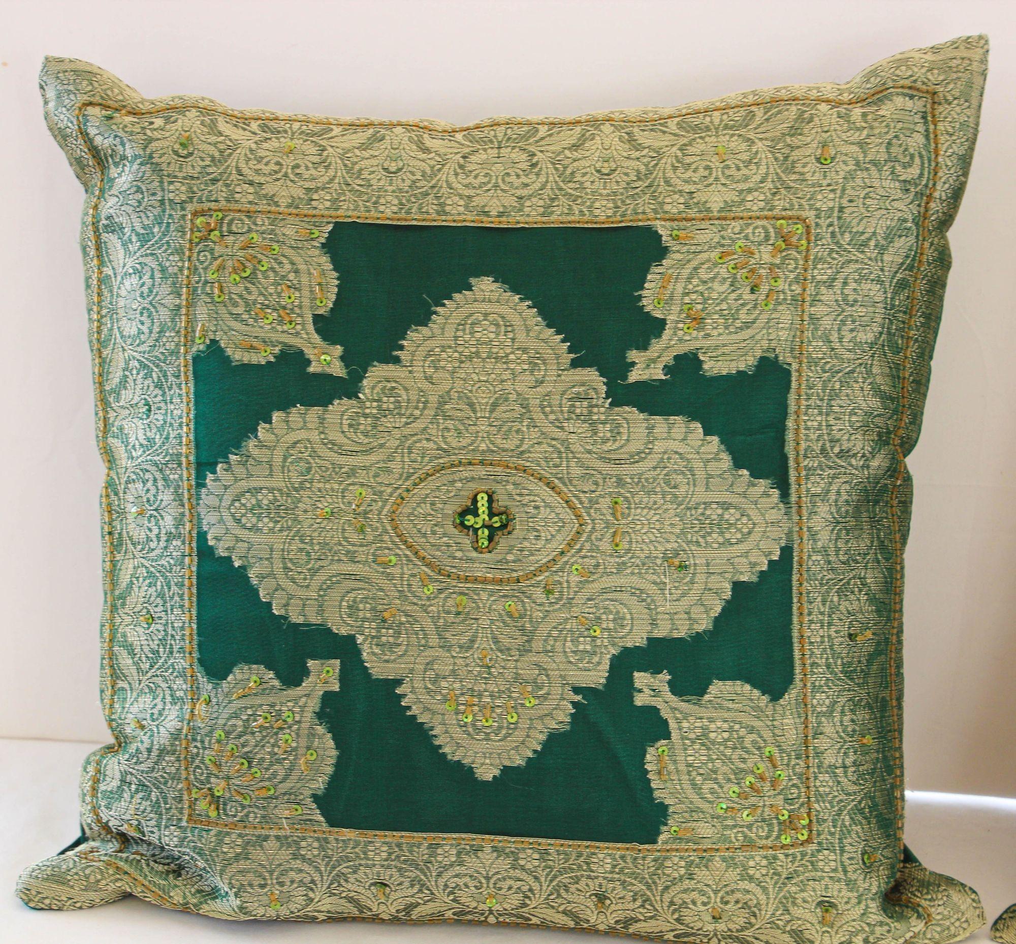 Emerald Green Moorish Throw Pillows Embellished with Sequins and Beads a Pair For Sale 8