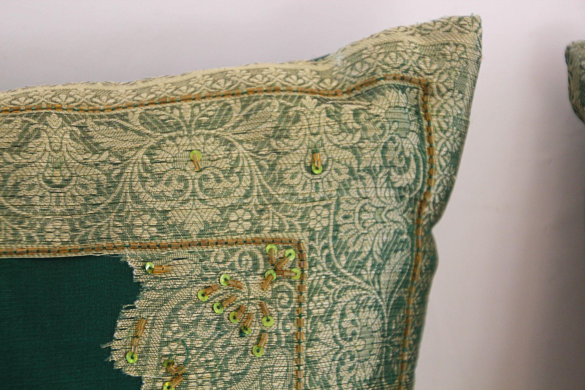 Emerald Green Moorish throw Pillows Embellished with Sequins and Beads a Pair.
Two Moorish throw decorative accent rich emerald green pillows embroidered and embellished with sequins with metallic threads, gold beads embroidery on emerald green silk