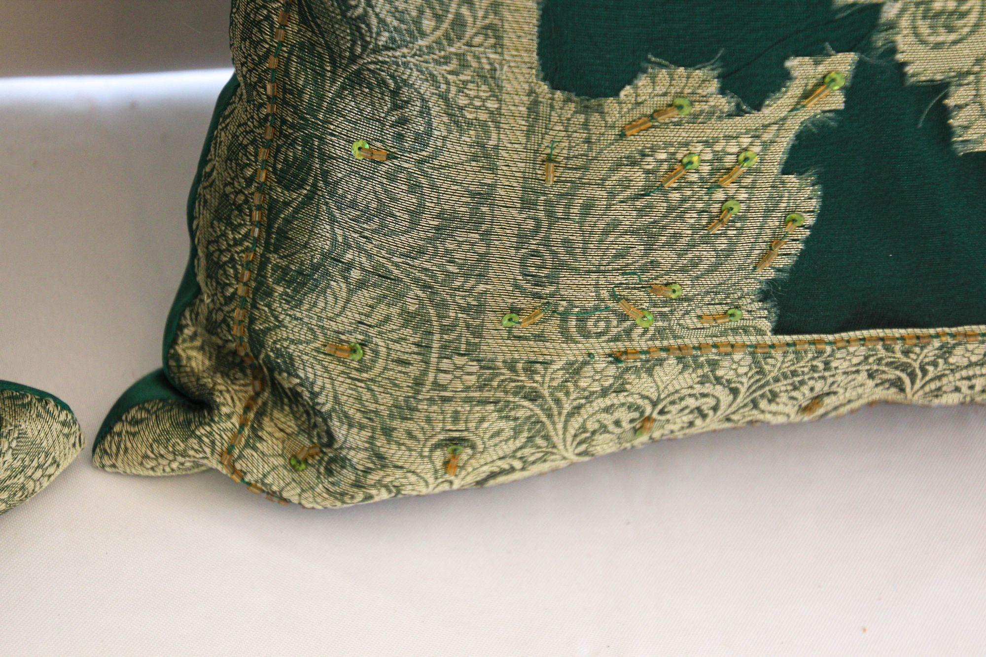 Emerald Green Moorish Throw Pillows Embellished with Sequins and Beads a Pair In Fair Condition For Sale In North Hollywood, CA
