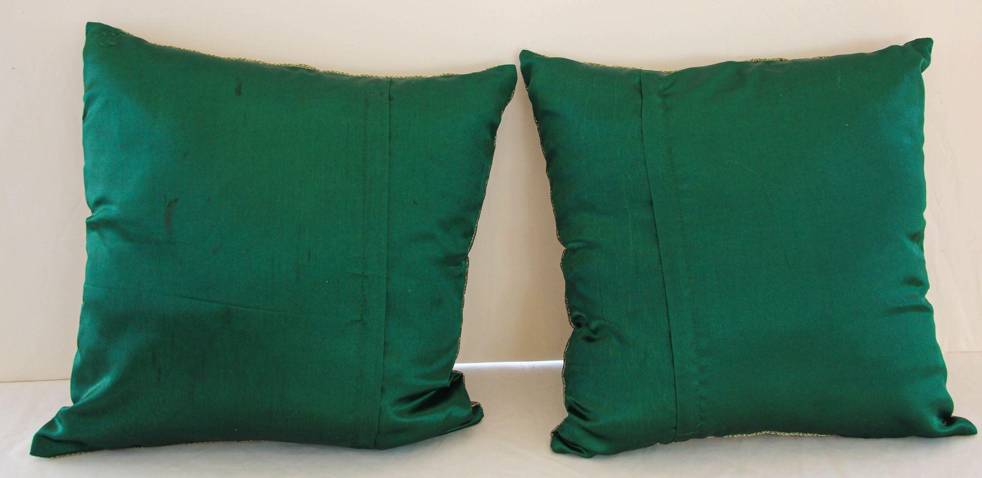 20th Century Emerald Green Moorish Throw Pillows Embellished with Sequins and Beads a Pair For Sale