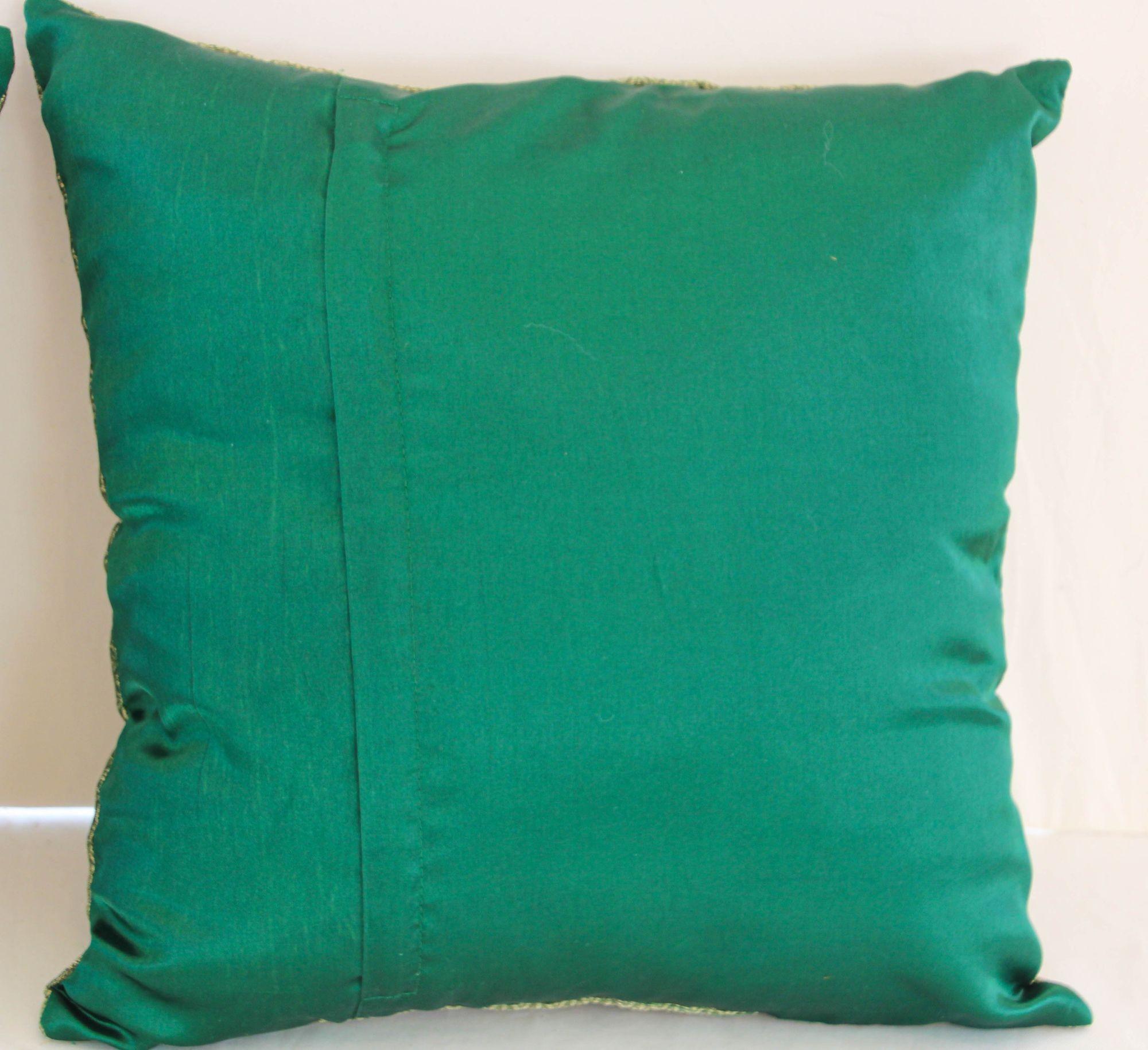 Fabric Emerald Green Moorish Throw Pillows Embellished with Sequins and Beads a Pair For Sale
