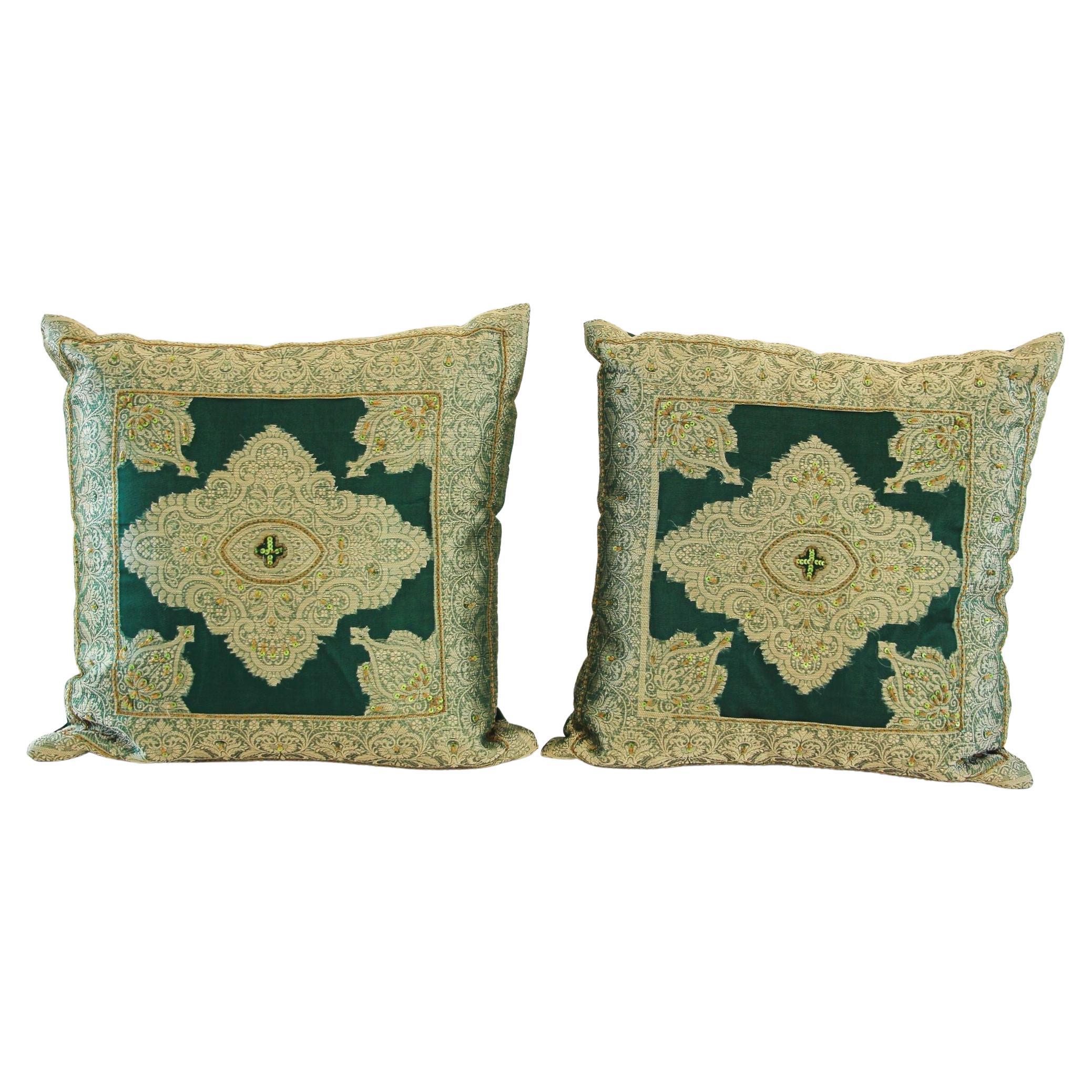 Emerald Green Moorish Throw Pillows Embellished with Sequins and Beads a Pair For Sale
