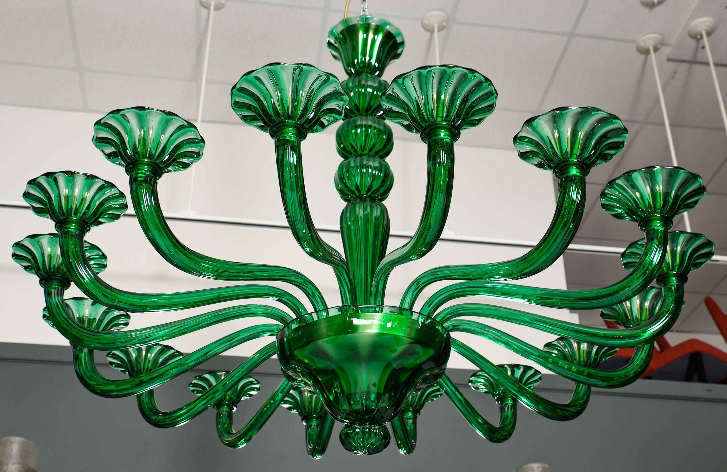 Contemporary Emerald Green Murano Glass Chandelier For Sale