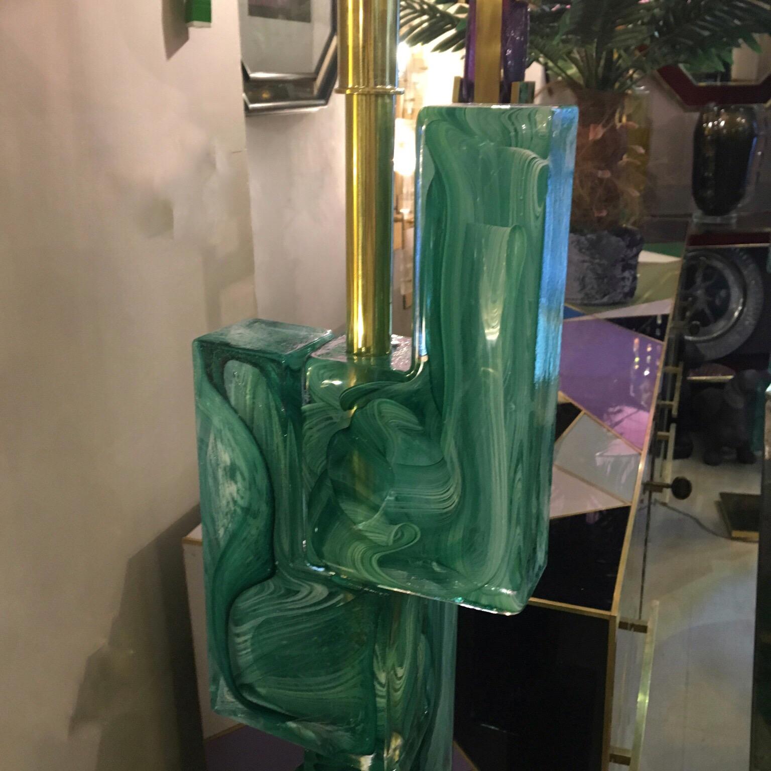 Emerald Green Murano Glass Floor Lamp Brass Lampshade, 1970s 7