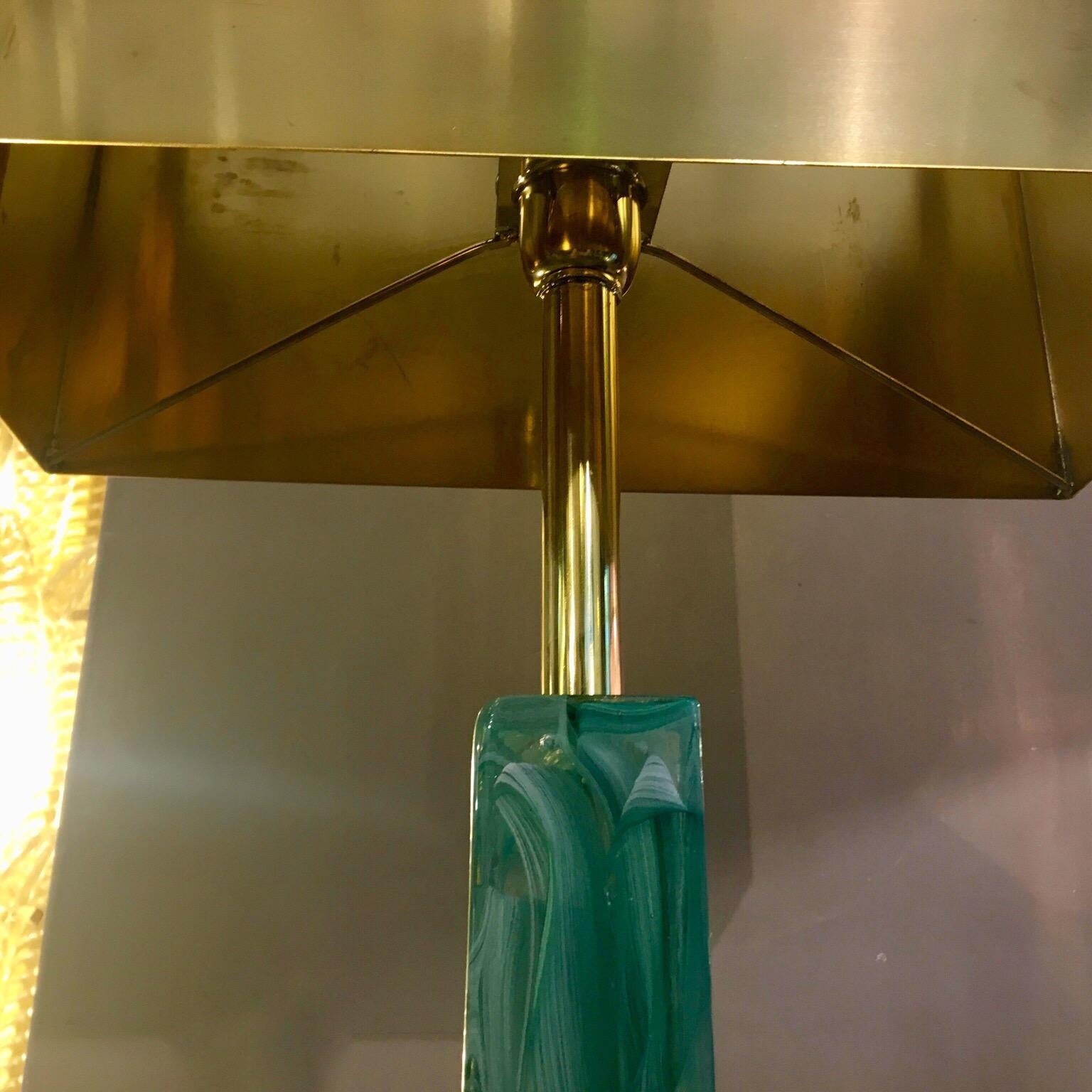Emerald Green Murano Glass Floor Lamp Brass Lampshade, 1970s 10