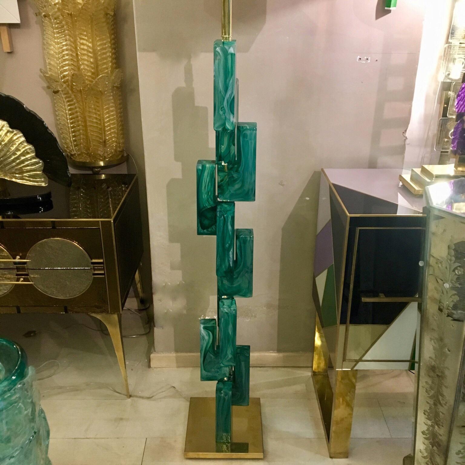 Mid-Century Modern Emerald Green Murano Glass Floor Lamp Brass Lampshade, 1970s