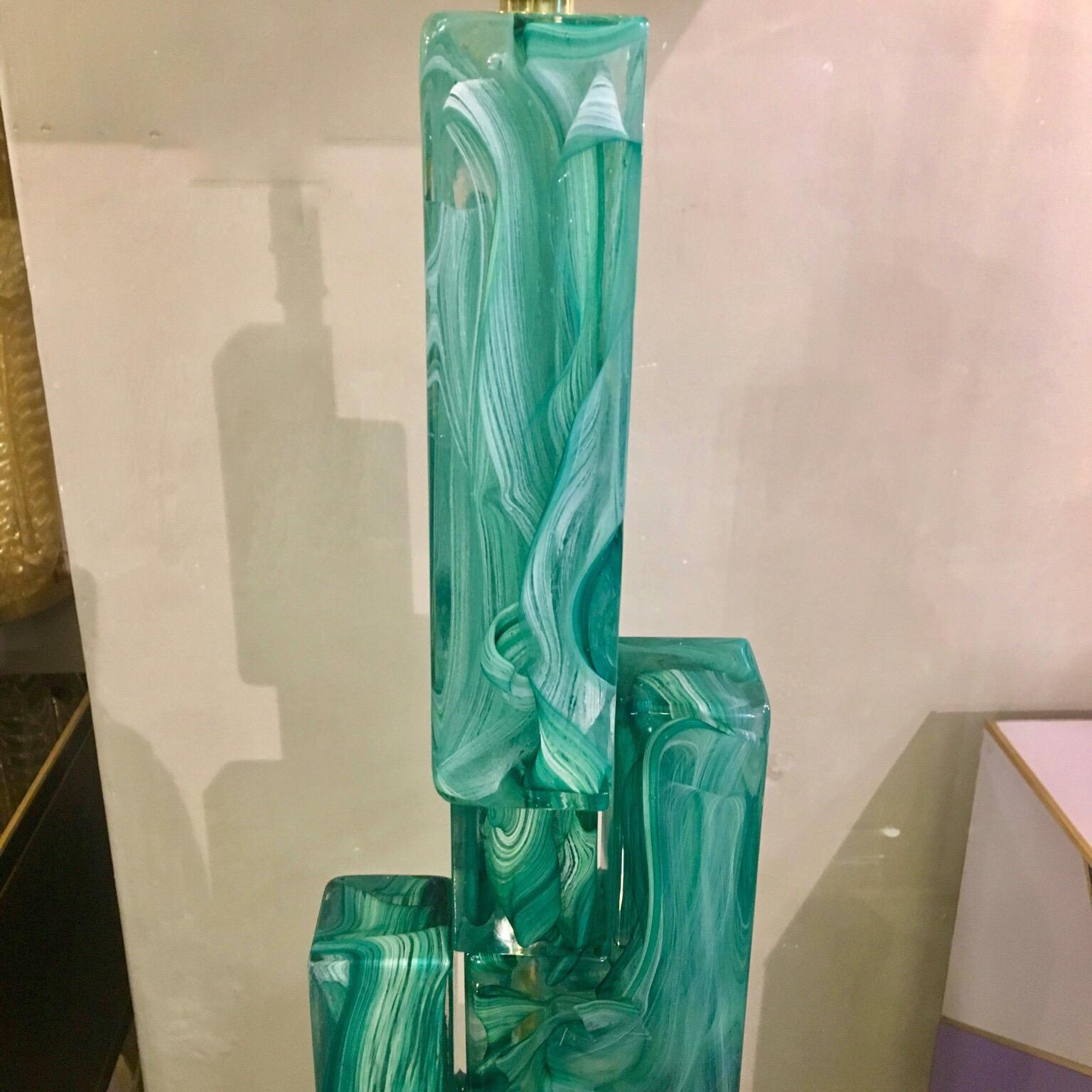 Emerald Green Murano Glass Floor Lamp Brass Lampshade, 1970s In Excellent Condition In Florence, IT