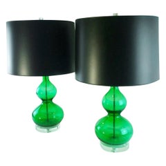 Emerald Green Murano Glass Table Lamps with Lucite Bases & Chrome Accents, Pair