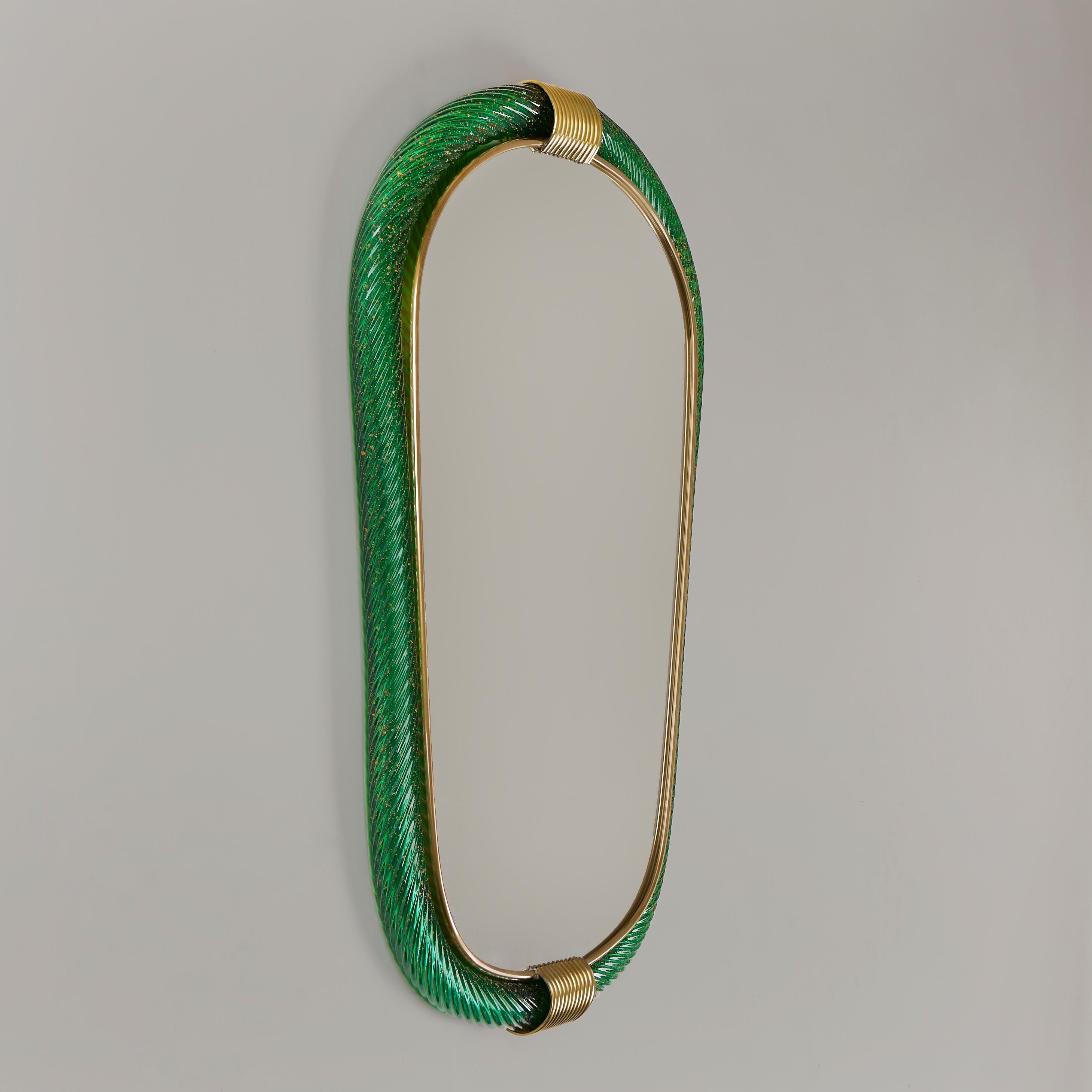 Contemporary Pair emerald green Murano twisted rope 'Firenze' mirror in Barovier e Toso style