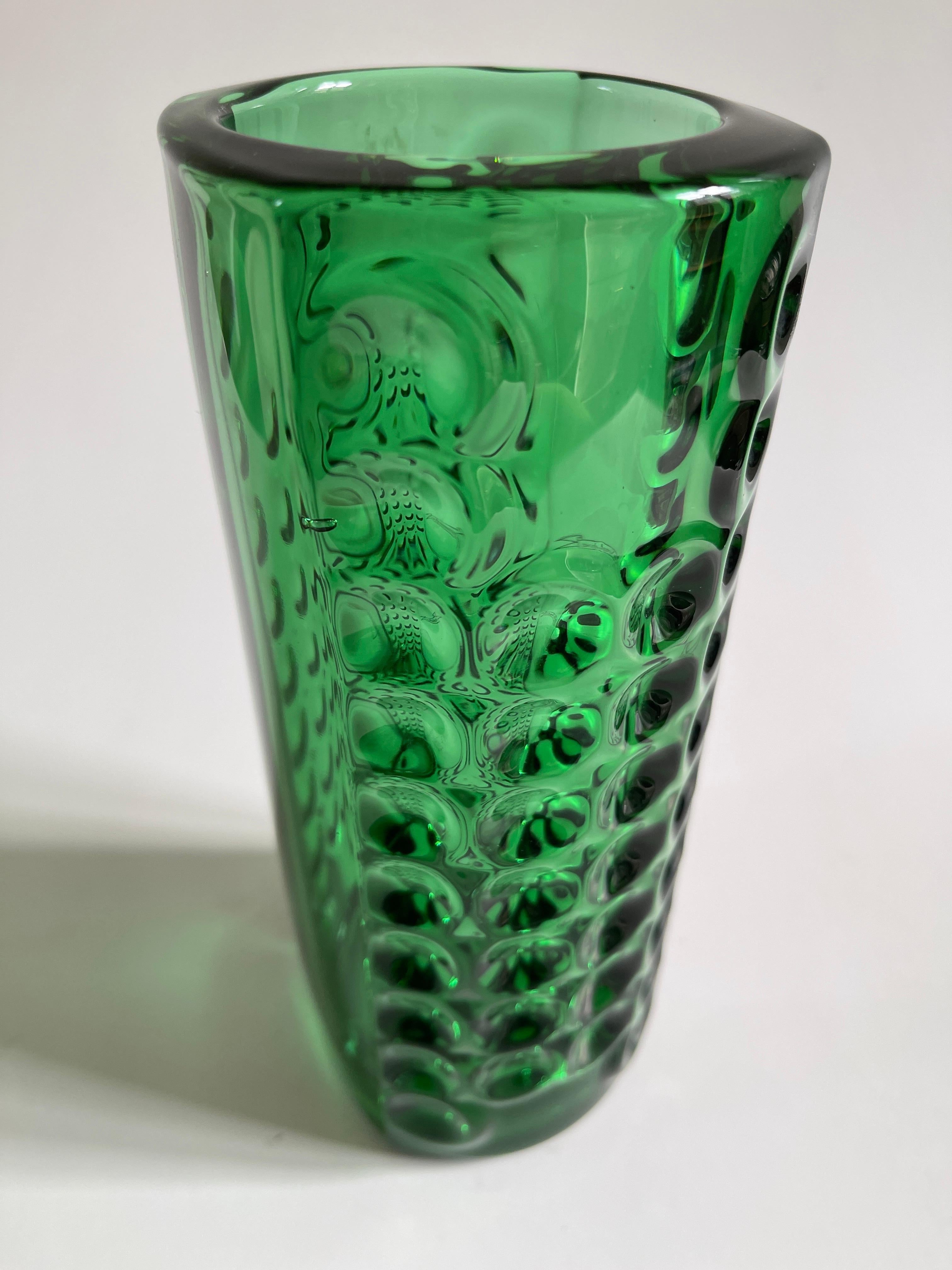 Czech Emerald Green Optical Glass Vase by Rudolf Jurnikl, 1960s For Sale