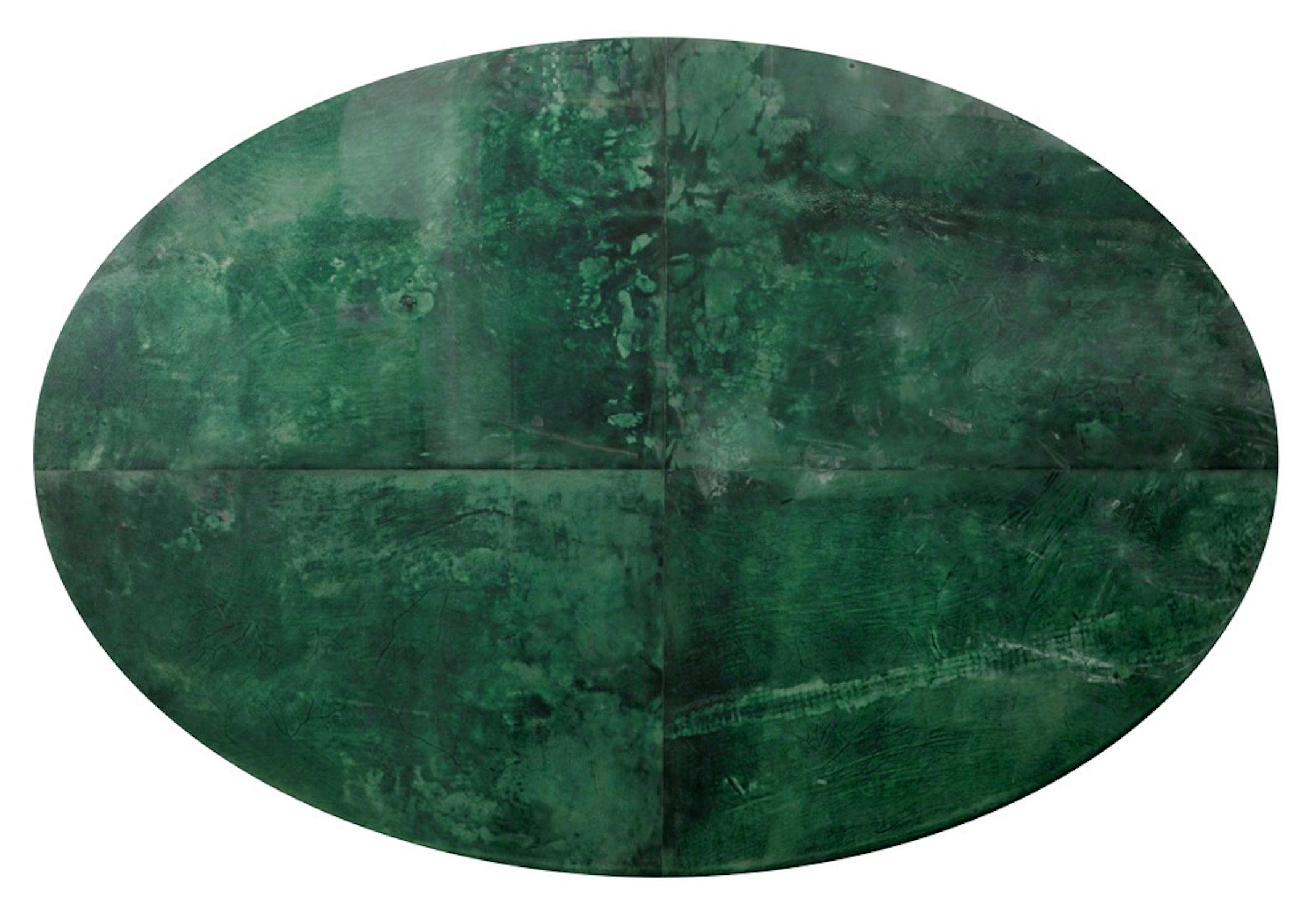 Art Déco Tavolo da pranzo ovale in pelle di capra verde smeraldo Made in Italy in vendita
