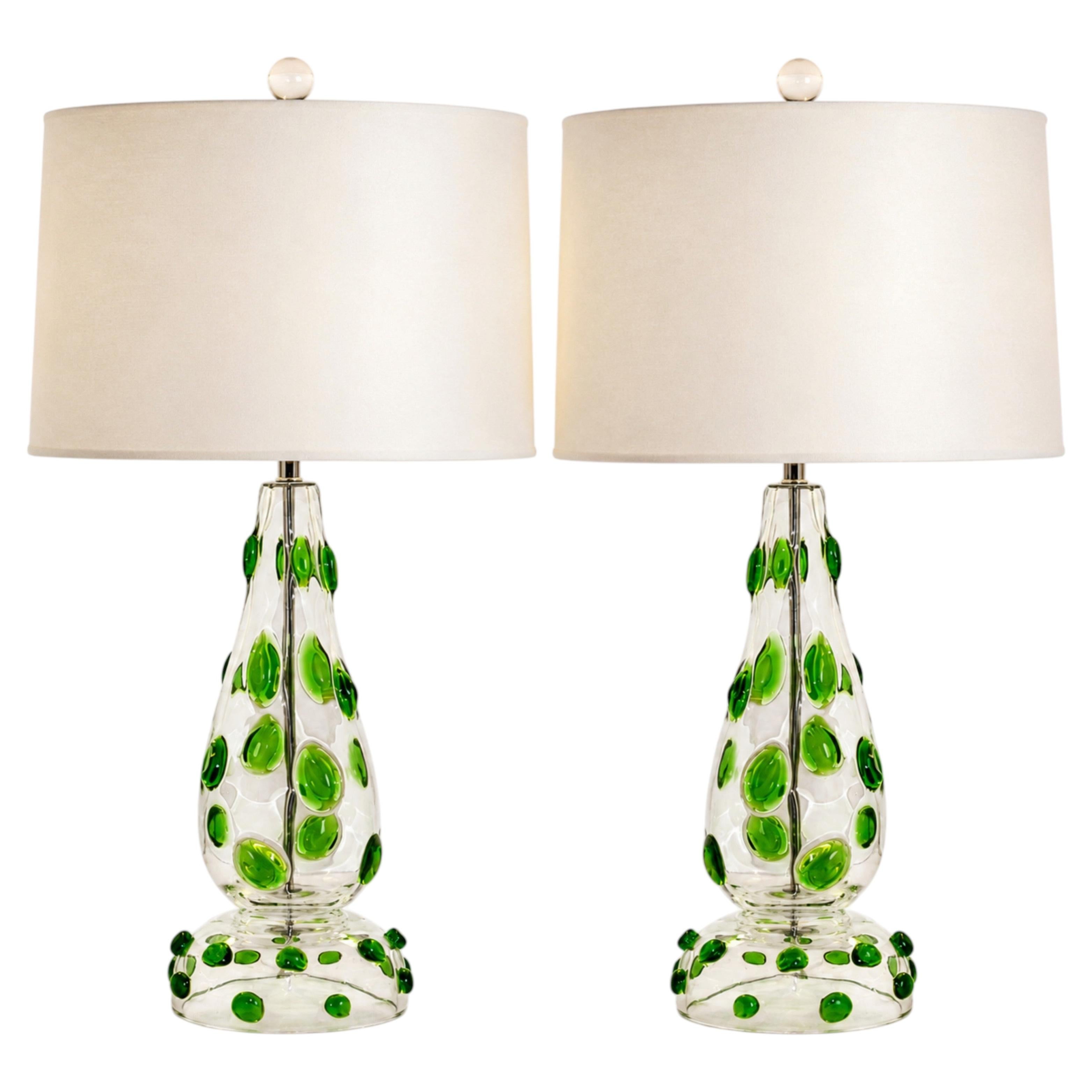 Emerald Green Prunts Covering Clear Vintage Murano Lamps
