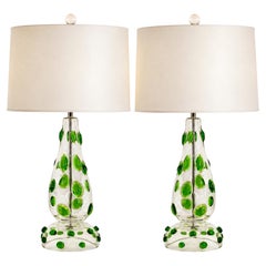 Emerald Green Prunts Covering Clear Vintage Murano Lamps
