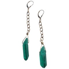 SALE Emerald Green Quartz and Gold Dangle Chain Earrings 
