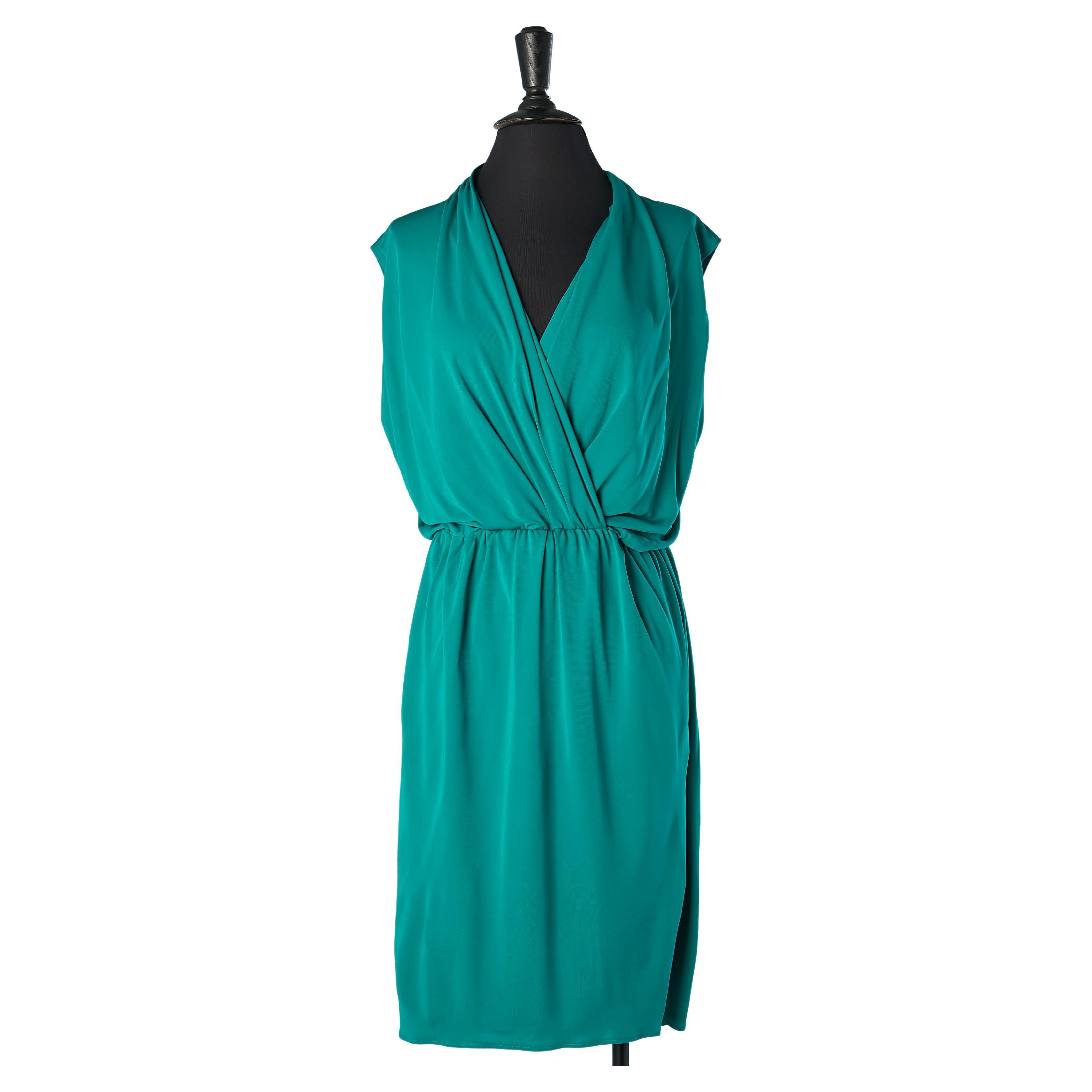Emerald green rayon draped cocktail dress Lanvin par Alber Elbaz  For Sale