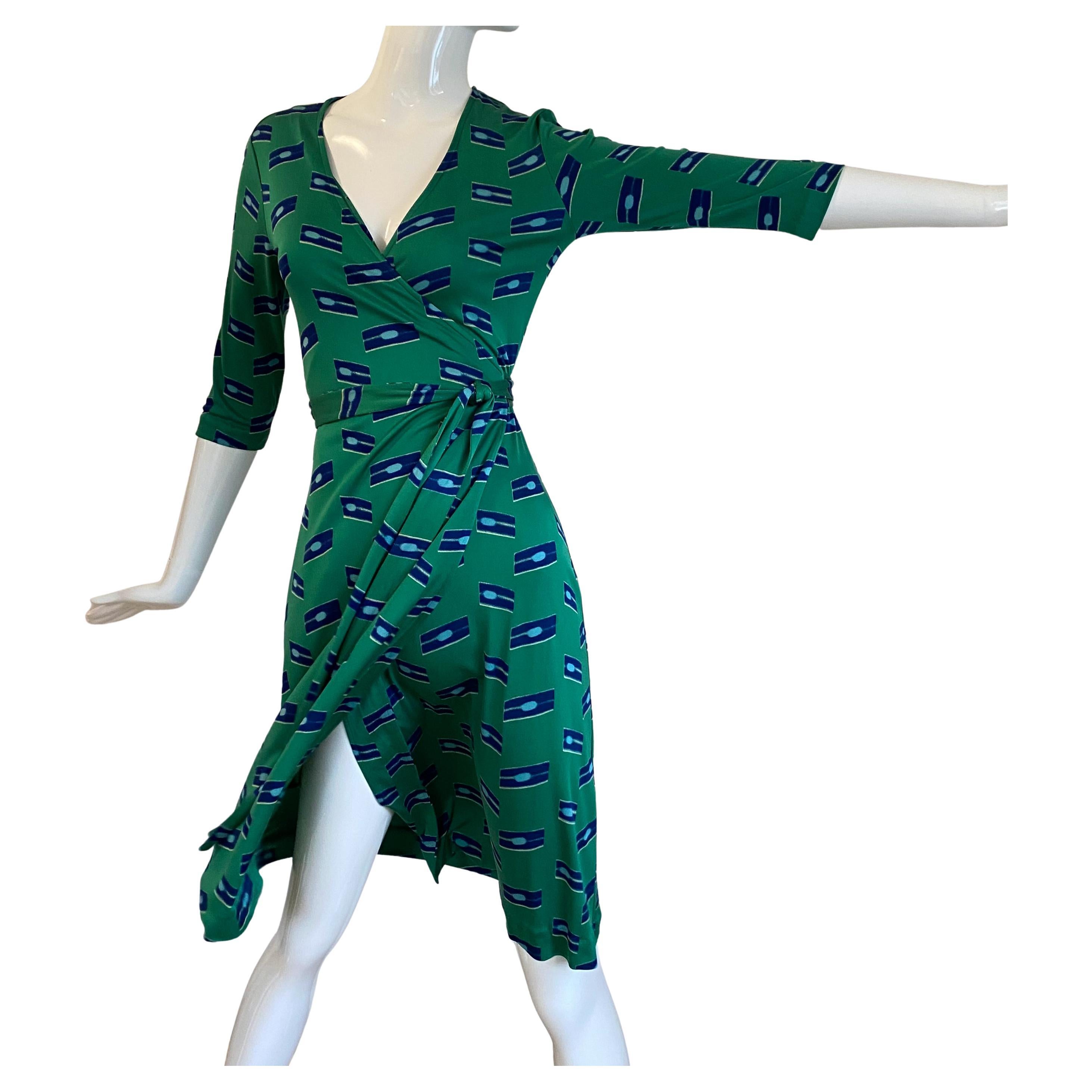 Emerald Green Razor Blade Print Silk Jersey Wrap Dress - Flora Kung NWT For Sale