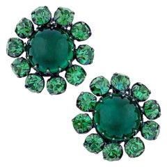 Emerald Green Rhinestone 
Glass Flower Earrings, 1950s