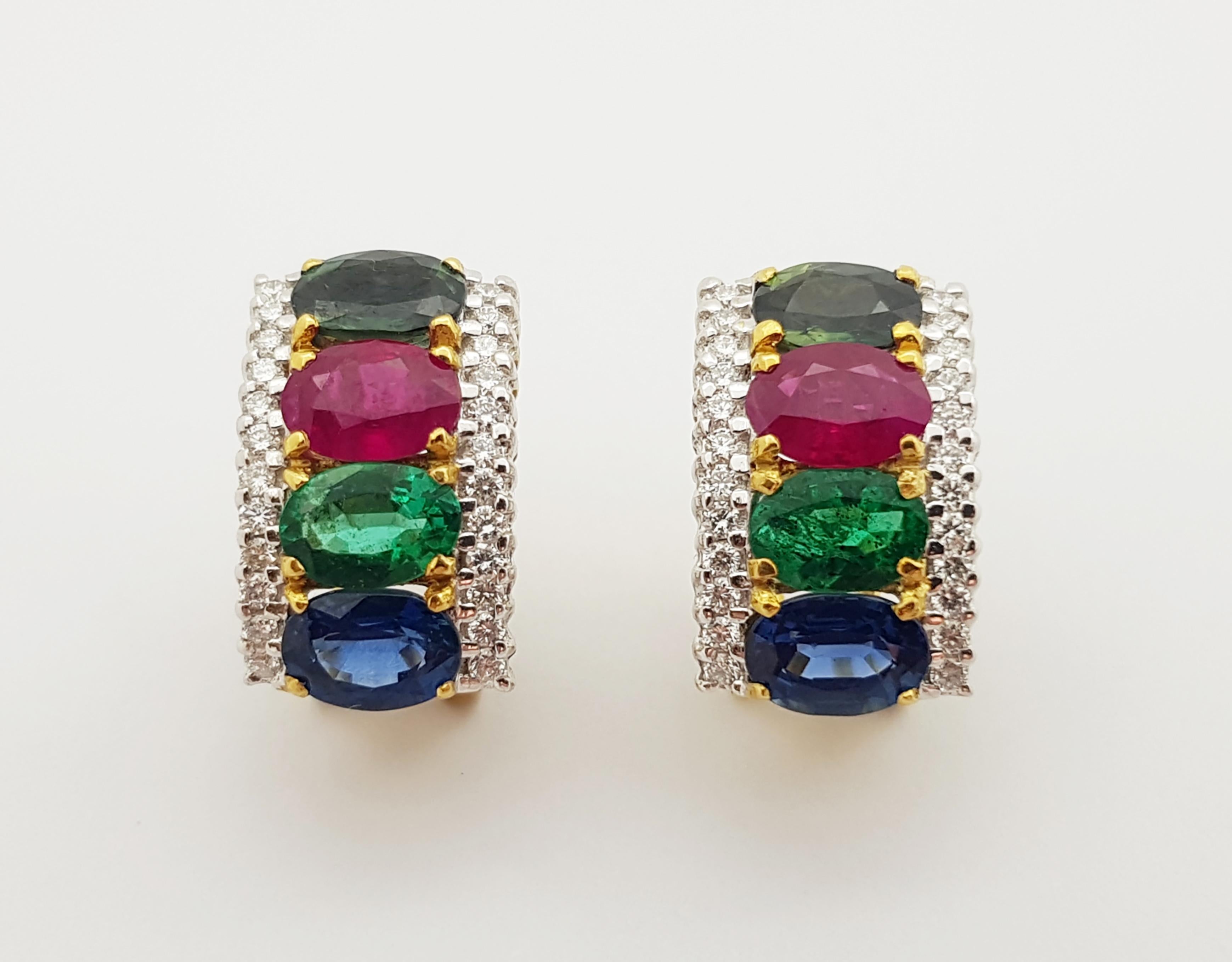 Contemporain Boucles d'oreilles composées d'émeraudes, de saphirs verts, de saphirs bleus et de rubis en or 18 carats  en vente