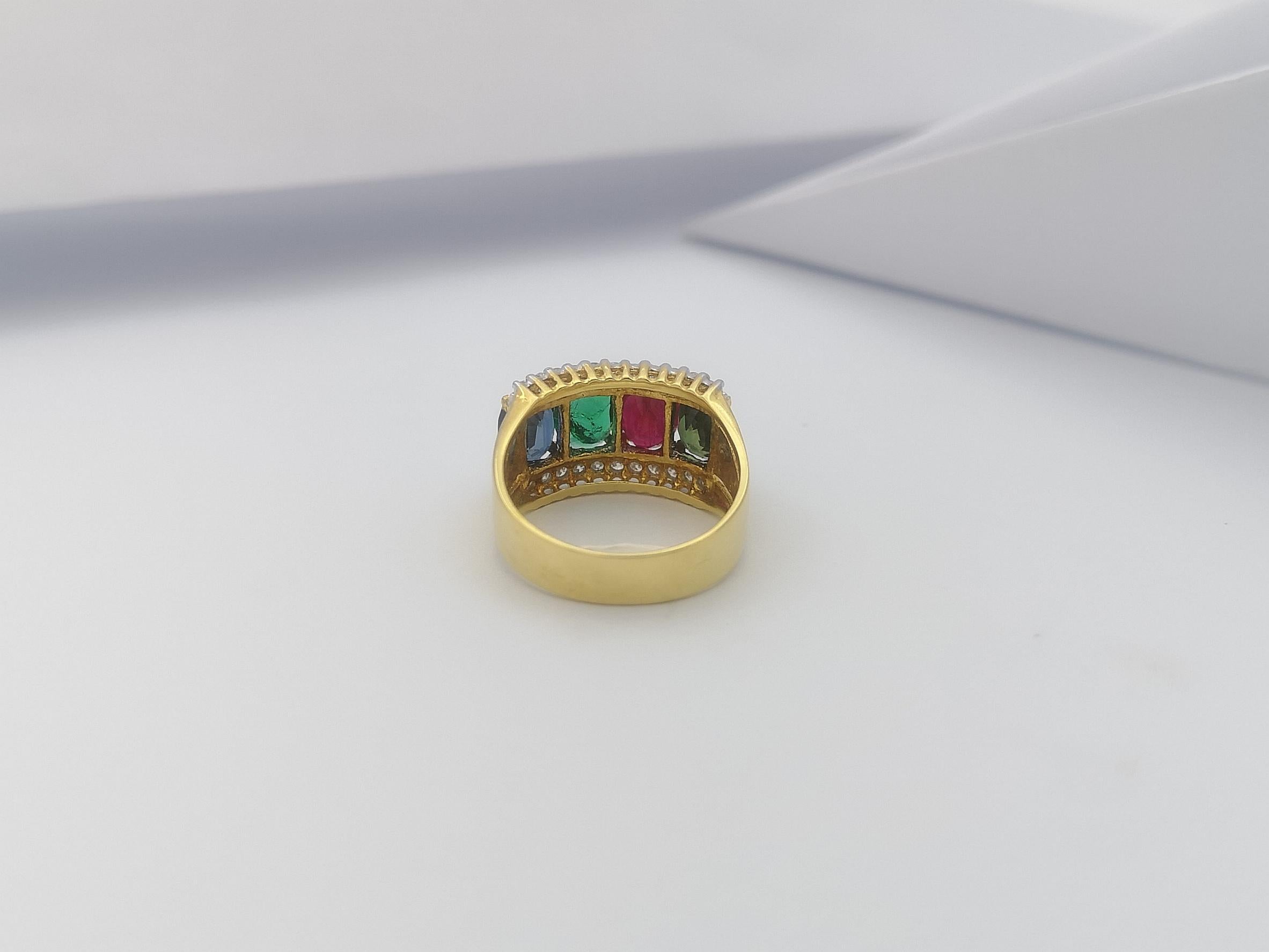 Ring mit Smaragd, grünem Saphir, Rubin, blauem Saphir und blauem Saphir in 18 Karat Goldfassung im Angebot 3