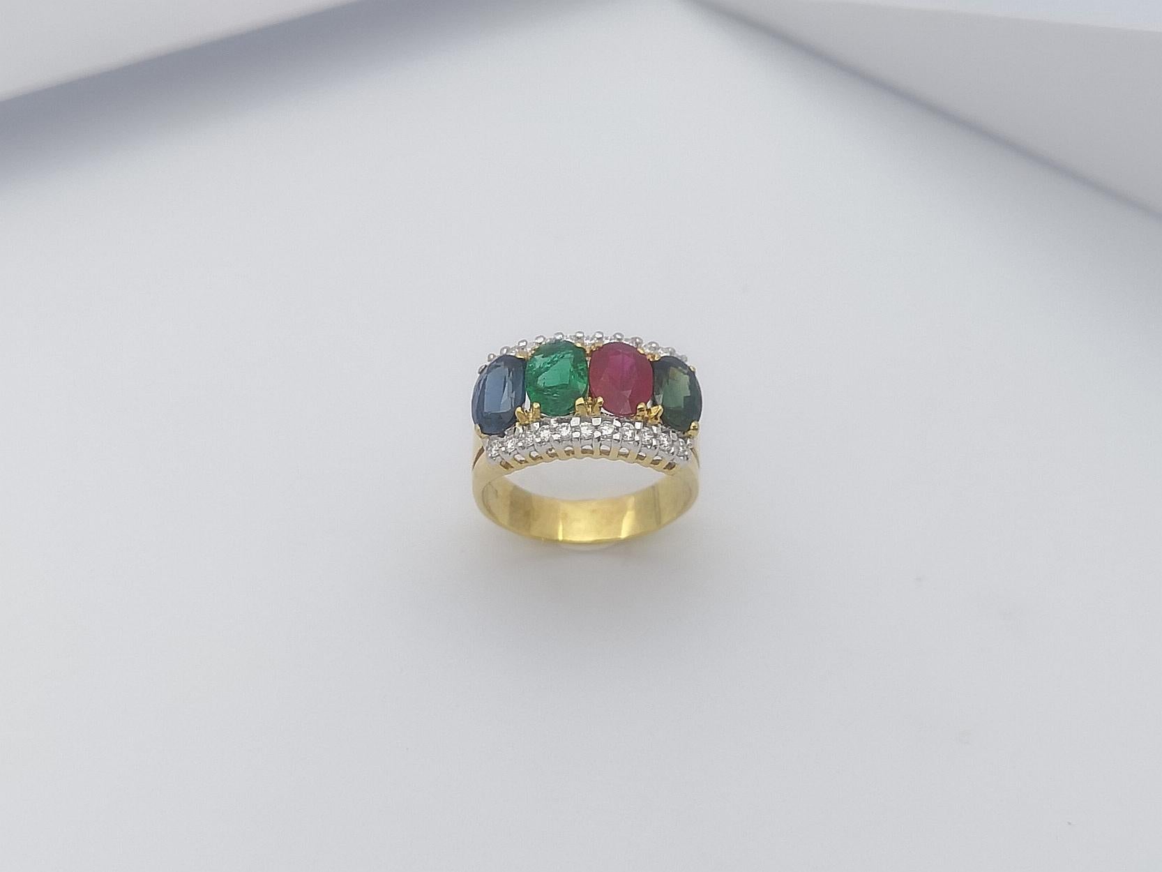 Bague en or 18 carats sertie d'émeraudes, de saphirs verts, de rubis et de saphirs bleus en vente 7