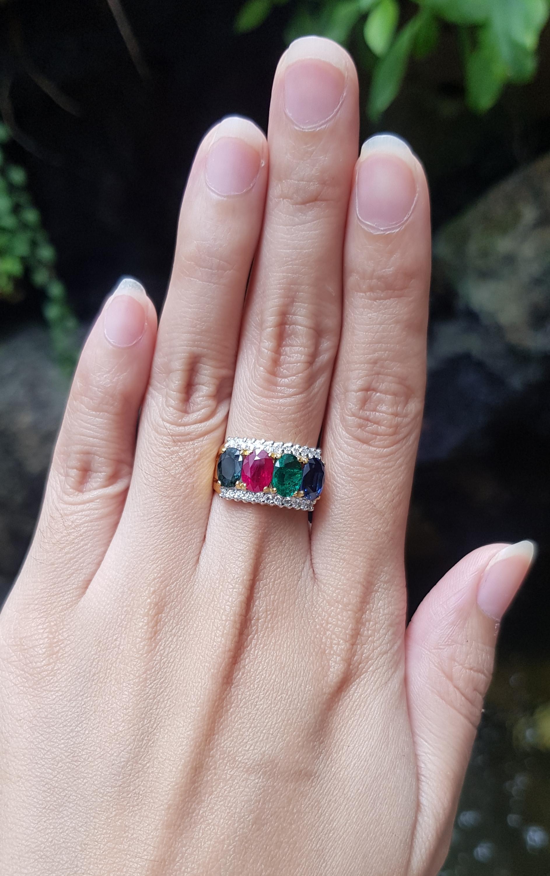 Emerald 0.60 carat, Green Sapphire 0.96 carat, Ruby 1.05 carats, Blue Sapphire 1.07 and Diamond 0.29 carat Ring set in 18 Karat Gold Settings

Width:  1.7 cm 
Length: 1.0 cm
Ring Size: 53
Total Weight: 5.98 grams

