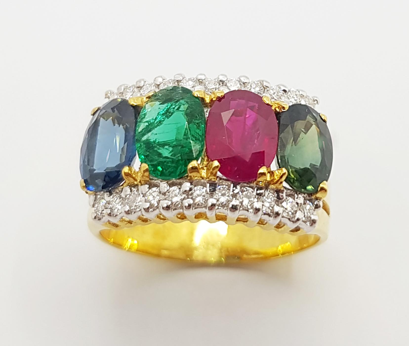 Ring mit Smaragd, grünem Saphir, Rubin, blauem Saphir und blauem Saphir in 18 Karat Goldfassung im Zustand „Neu“ im Angebot in Bangkok, TH